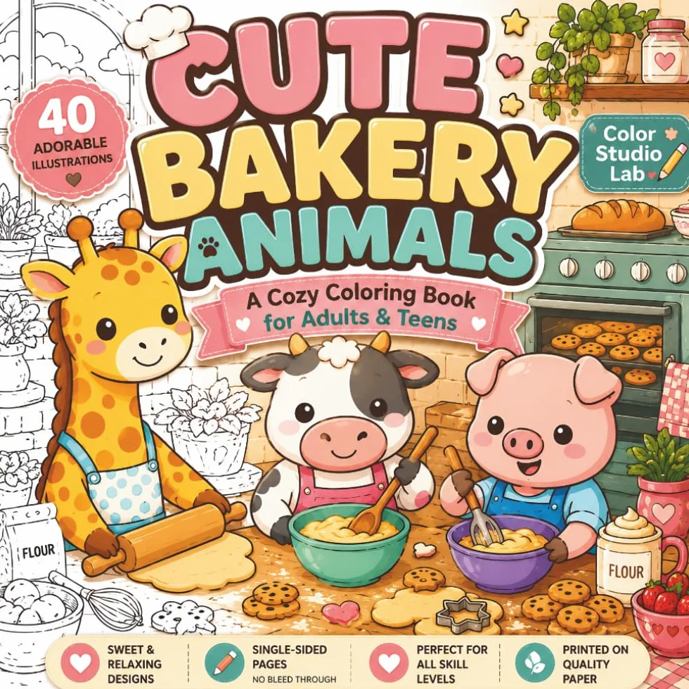 Cute Bakery Animals: A Cozy Coloring Book for Adluts & Teens