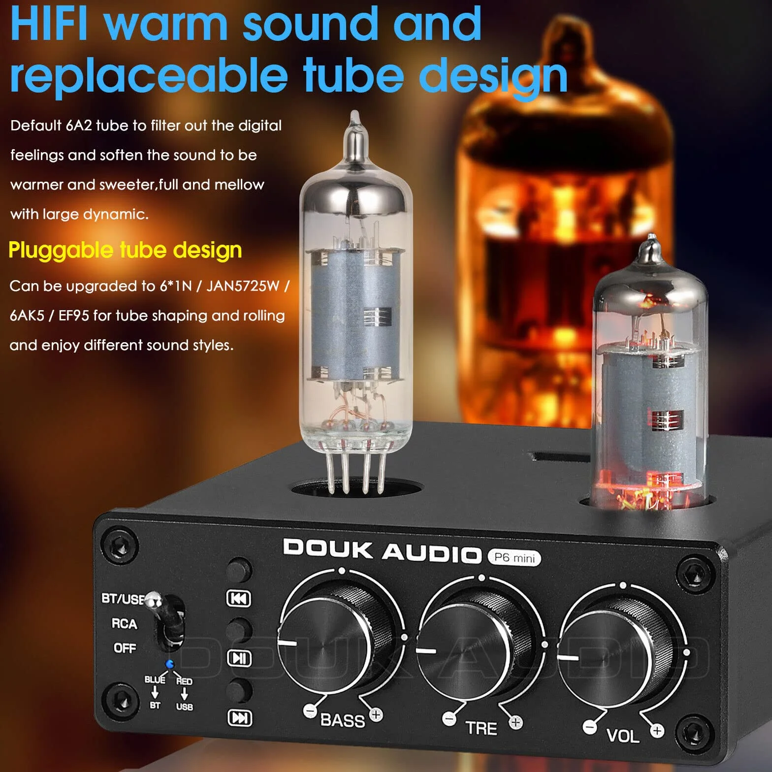 Douk Audio P6-mini HiFi Bluetooth przedwzmacniacz lampowy Mini Stereo Valve przedwzmacniacz Tube Preamp z kontrolą tonów wysokich i niskich do domowego systemu kinowego