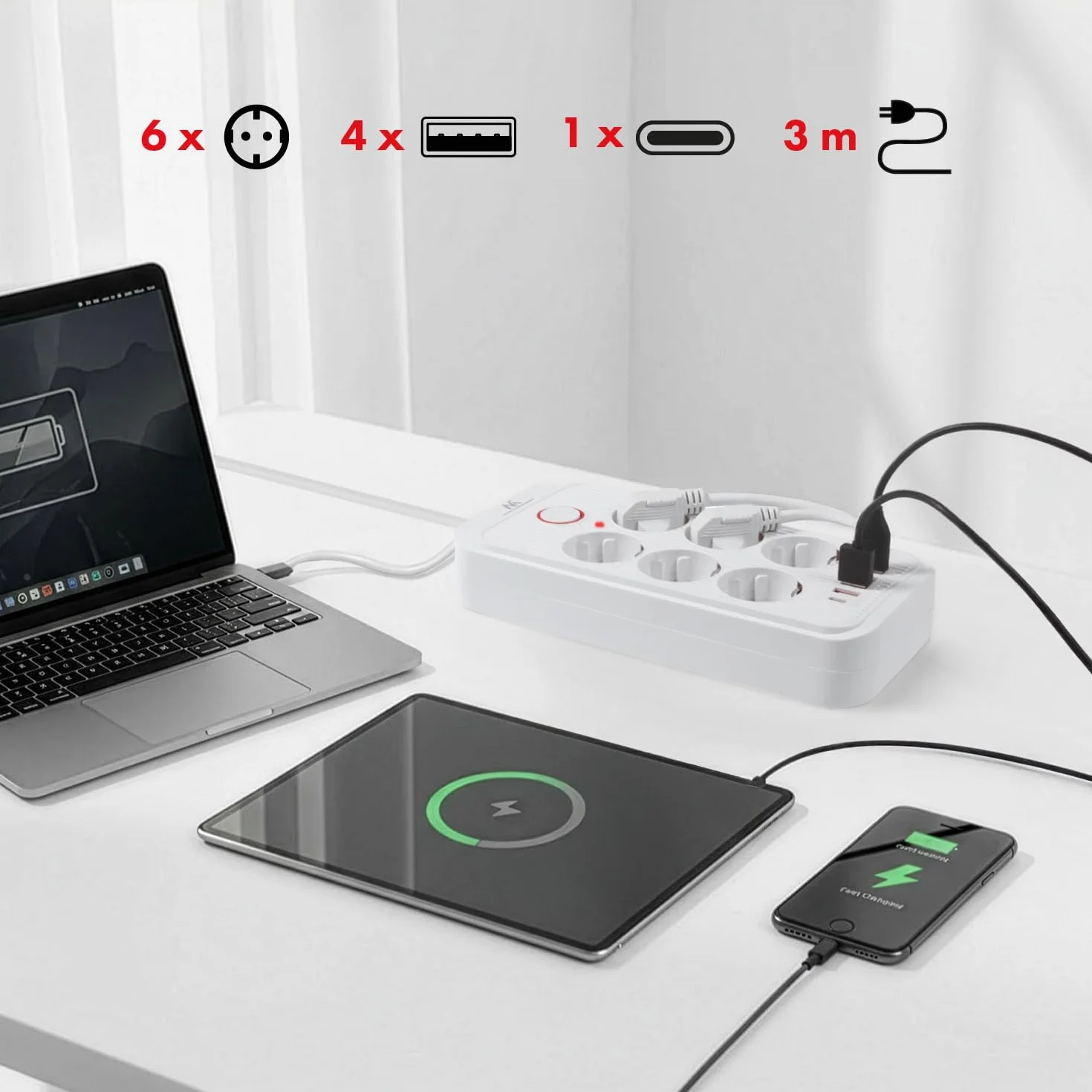 Maclean MCE389/391 Listwa zasilająca | 6 gniazdek 4xUSB 1xUSB-C 2500 W | przedłużacz biurkowy z wyłącznikiem | porty pod kątem 45° | montaż na ścianie (Biały, 6 gniazd + 4xUSB / 3m)