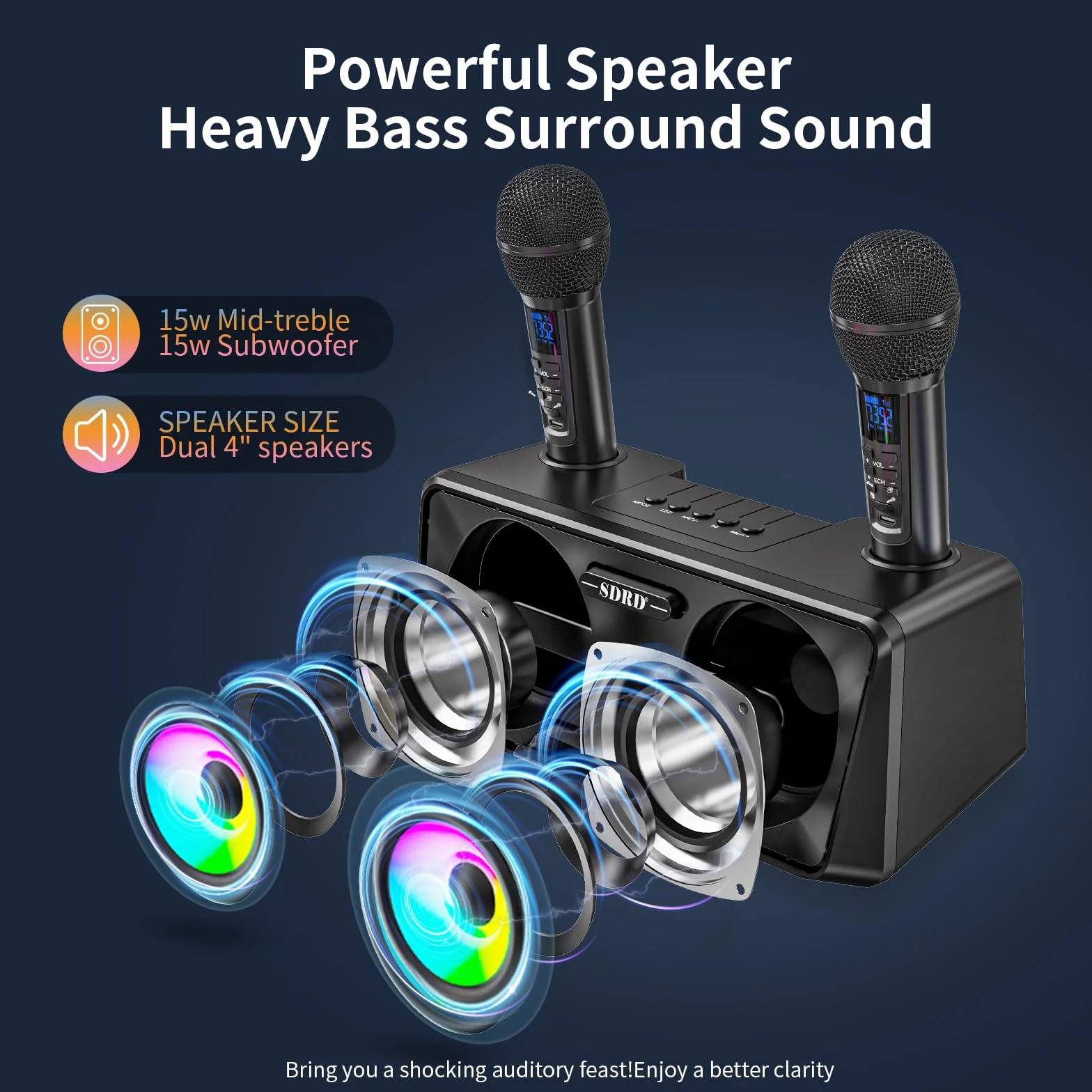 Maszyna do karaoke dla dorosłych i dzieci, 2 mikrofony UHF, głośniki Bluetooth, system PA z lampami, uchwyt na telefon, idealna na imprezę, piknik,
