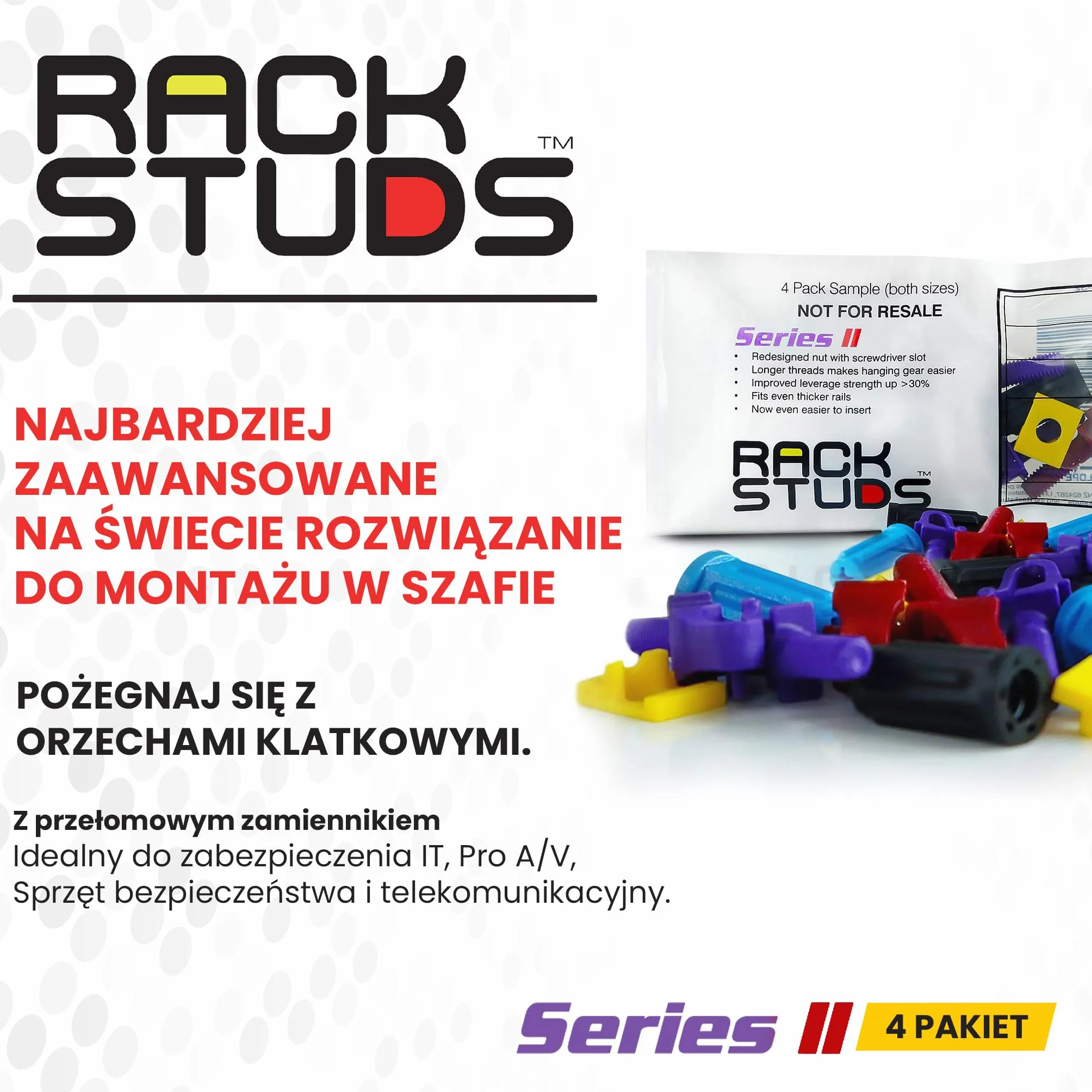 4C Rack Mount Solution II - Śruby do szyn serwerowych 19" kwadratowymi otworami, zamiennik nakrętek do klatek, nakrętki do szaf, śruby do montażu w szafie- 4 sztuki z każdego rozmiaru/koloru