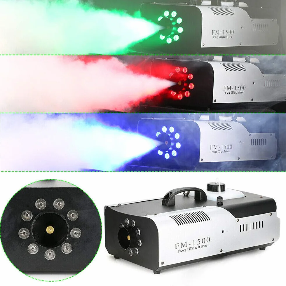 Fogger mini generator dymu LED 1500 W bezprzewodowy pilot zdalnego sterowania 18000-25000 cu.ft/min obudowa z blachy stalowej 2 l