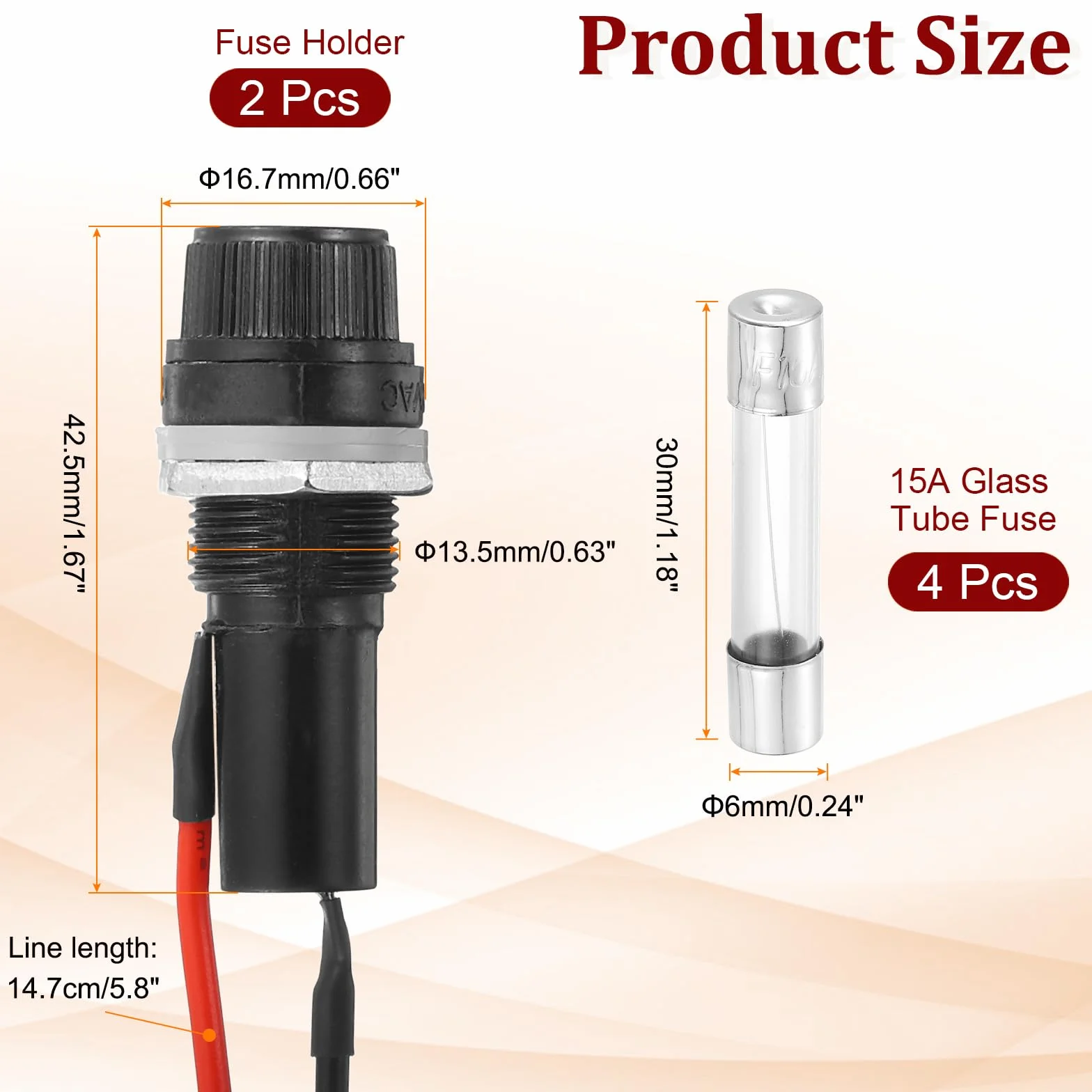 QUARKZMAN Zestaw 2 uchwytów bezpiecznikowych 6 x 30 mm, 125 V AC 15 A, nakrętka śrubowa, uchwyt bezpiecznikowy z wstępnie przylutowanymi przewodami i zestawem bezpieczników szklanych 15 A
