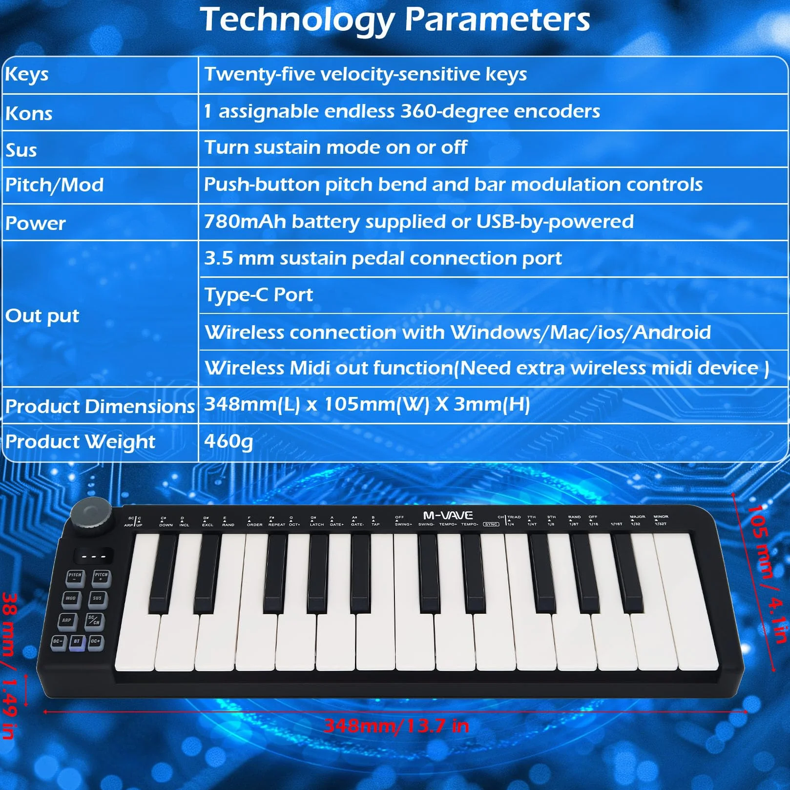 M-VAVE 25-klawiszowa mini klawiatura, klawiatura MIDI, profesjonalny Beat Maker i Keytar do produkcji muzycznej, wbudowana bateria, bezprzewodowe połączenie, czarne, mini bez