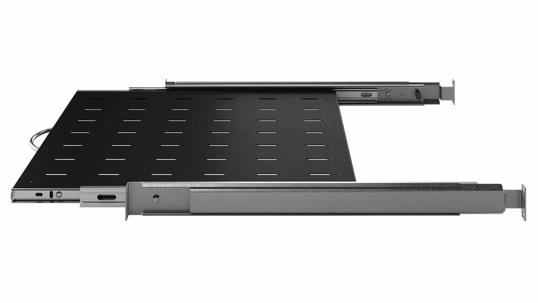 Półka Wysuwana Standard Rack 19 cali 1U 450mm, Metal, Czarny | Półka Wysuwana 19 Cali Płaska Perforowana, Wysuwana 200mm do Montażu w Szafach Serwerowych Sieciowych w Systemie Rack