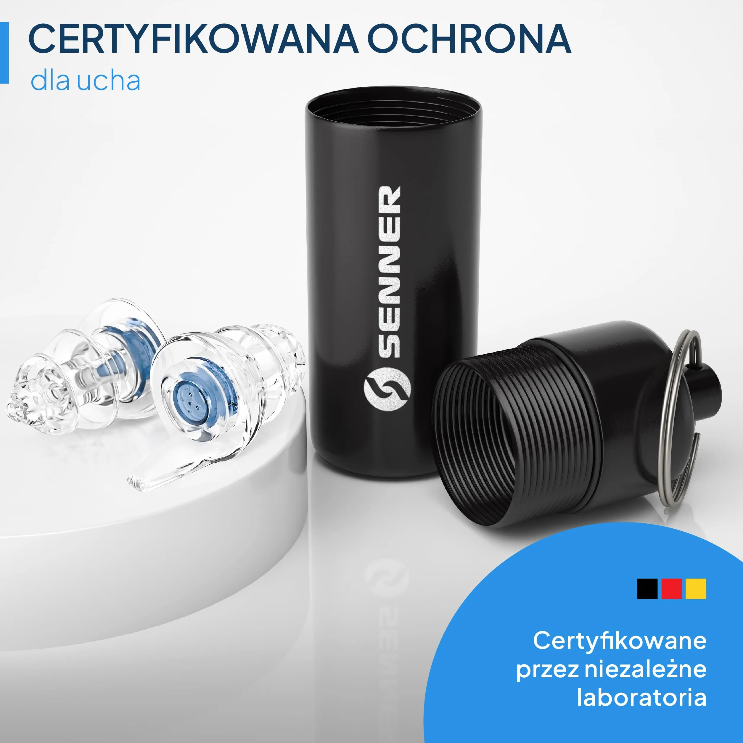 Senner MusicPro Soft Ochrona Słuchu Miękkie Zatyczki do Uszu Niebieskie Przezroczyste z Aluminiowym Etui