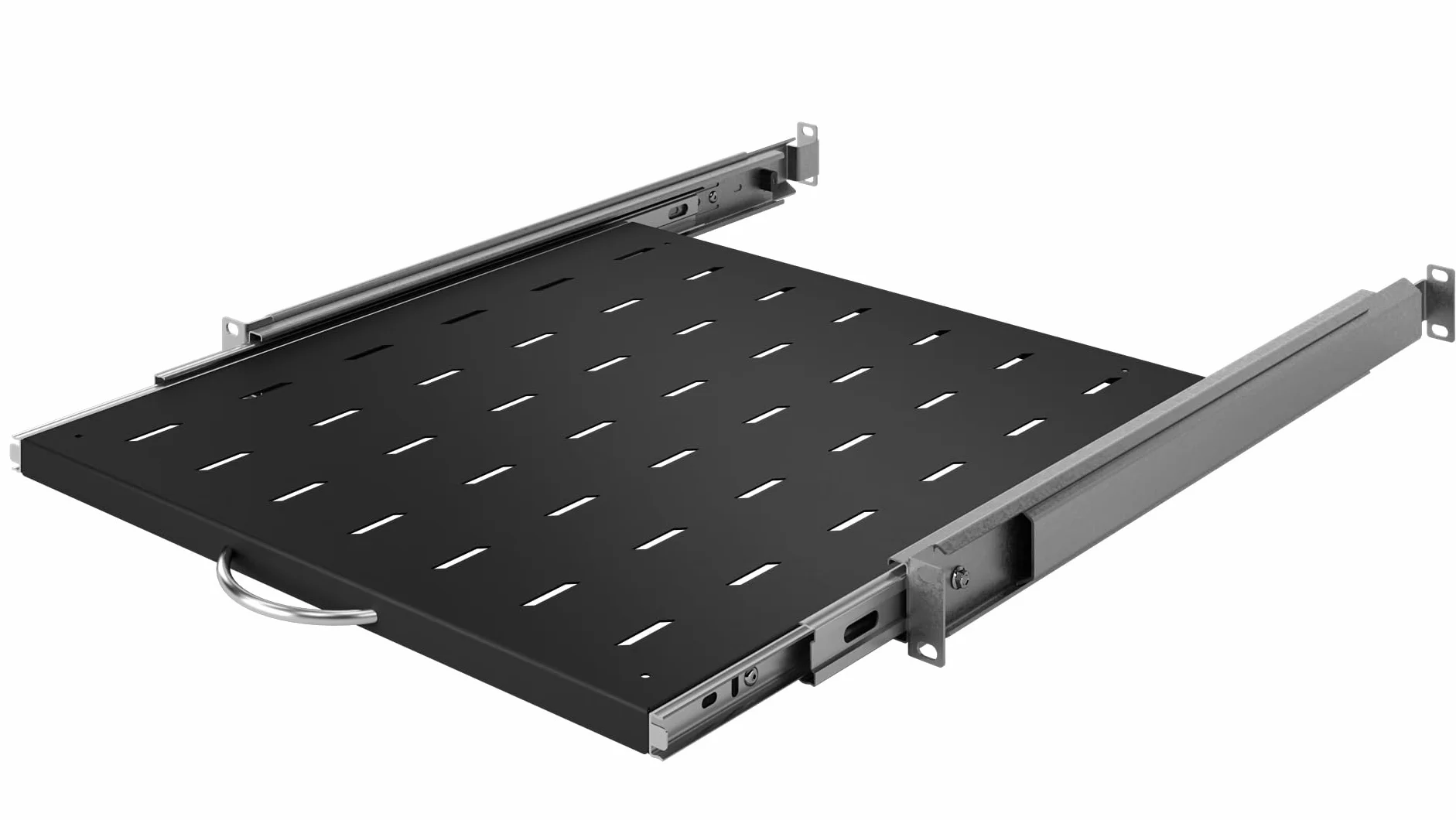 Półka Wysuwana Standard Rack 19 cali 1U 450mm, Metal, Czarny | Półka Wysuwana 19 Cali Płaska Perforowana, Wysuwana 200mm do Montażu w Szafach Serwerowych Sieciowych w Systemie Rack