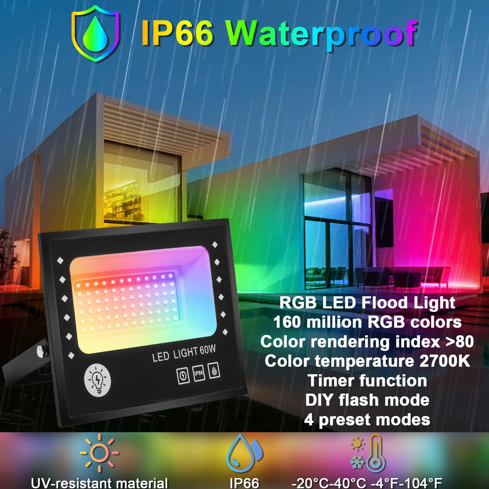 Reflektor zewnętrzny LED RGB 60 W, pilot zdalnego sterowania, aplikacja Bluetooth, 16 milionów kolorów i tryb stroboskopowy, timer, 6000 lm, 2700 K, IP66, 2 sztuki