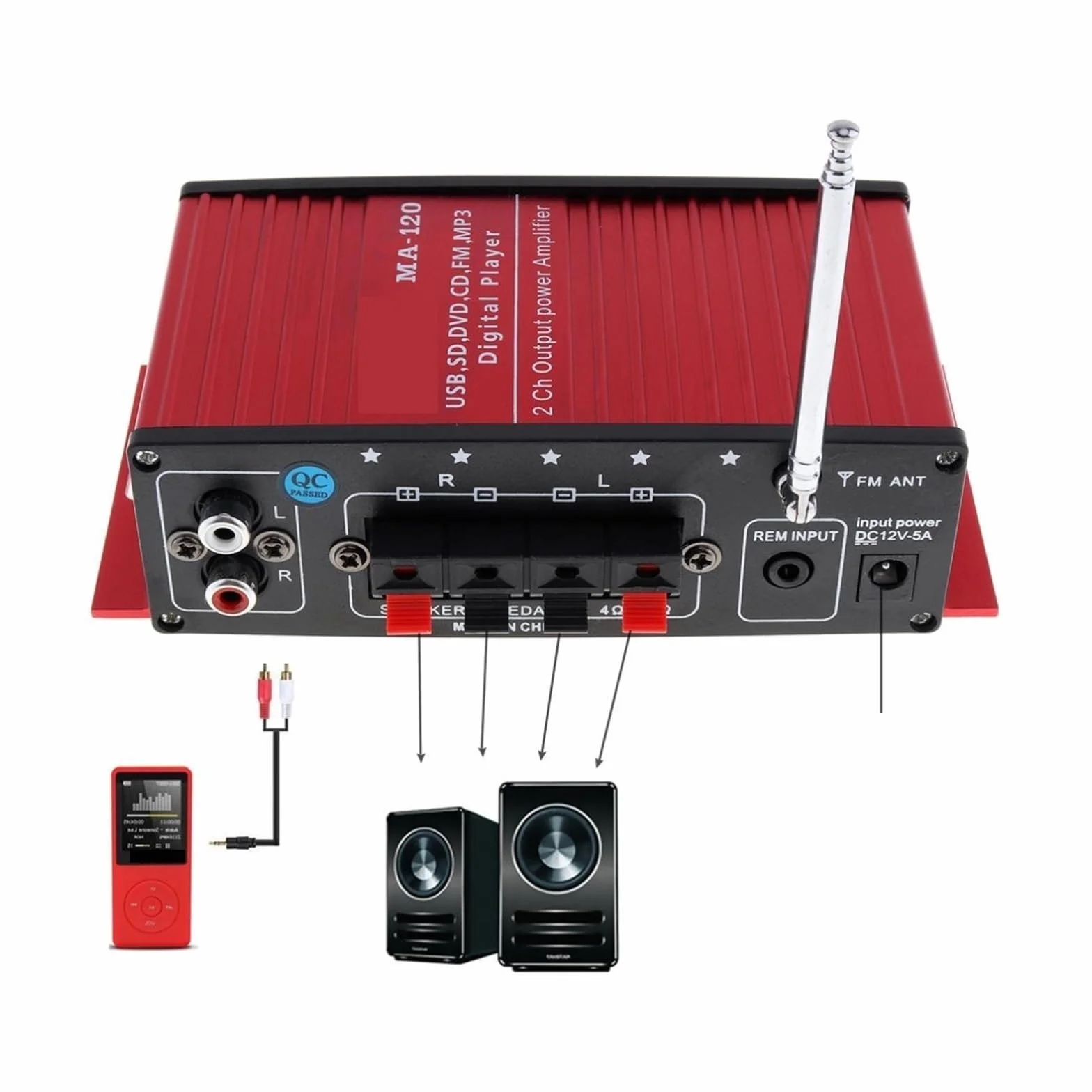 Wzmacniacz samochodowy HiFi 2-kanałowy wzmacniacz mocy wyjściowej Radio FM Odtwarzacz stereo Obsługa wejścia USB SD DVD MP3 z pilotem Precyzyjna kontrola poziomu