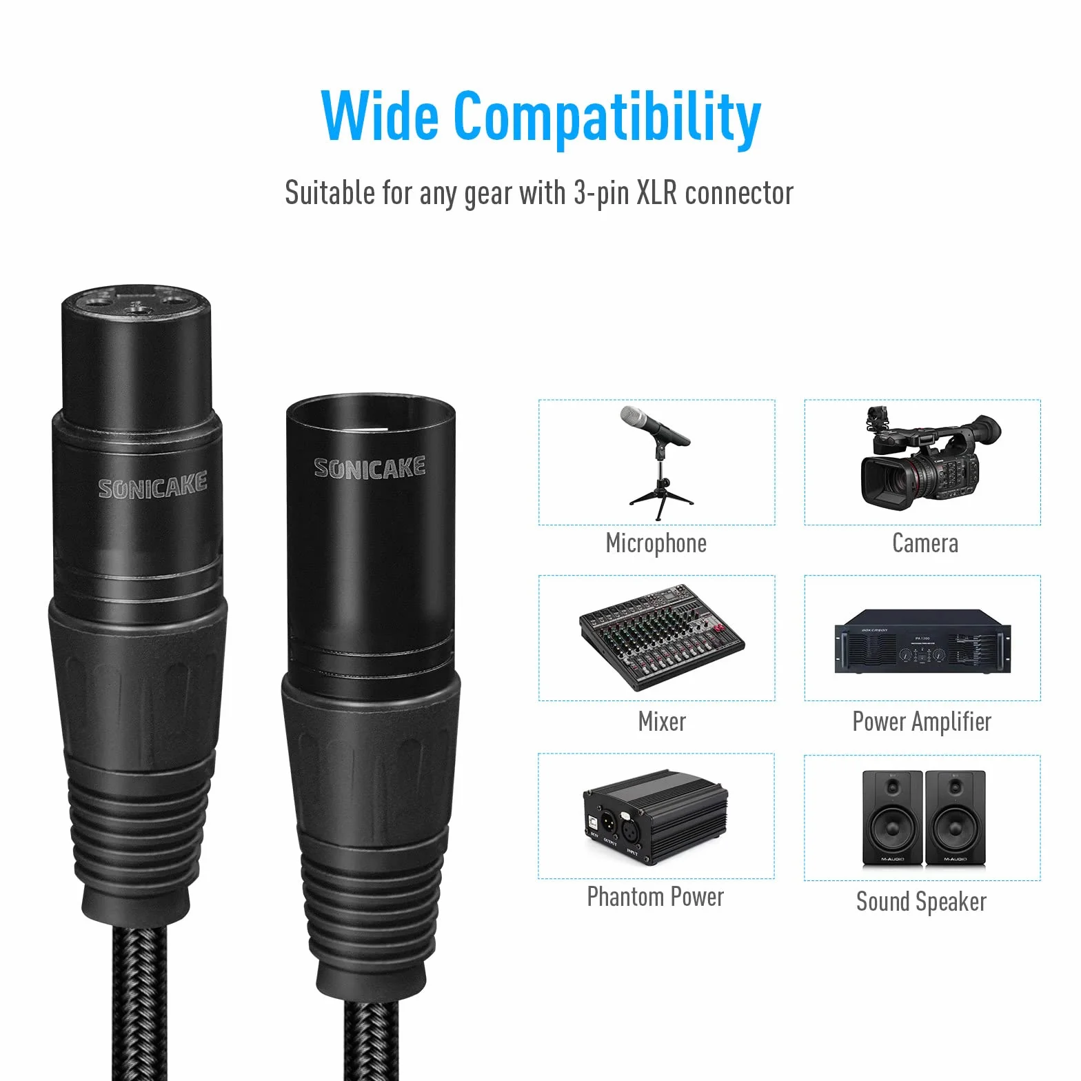 SONICAKE Kabel mikrofonowy XLR męski na żeński 3-pinowy w oplocie nylonowym do nagrywania w studiu i produkcji na żywo 3M czarny
