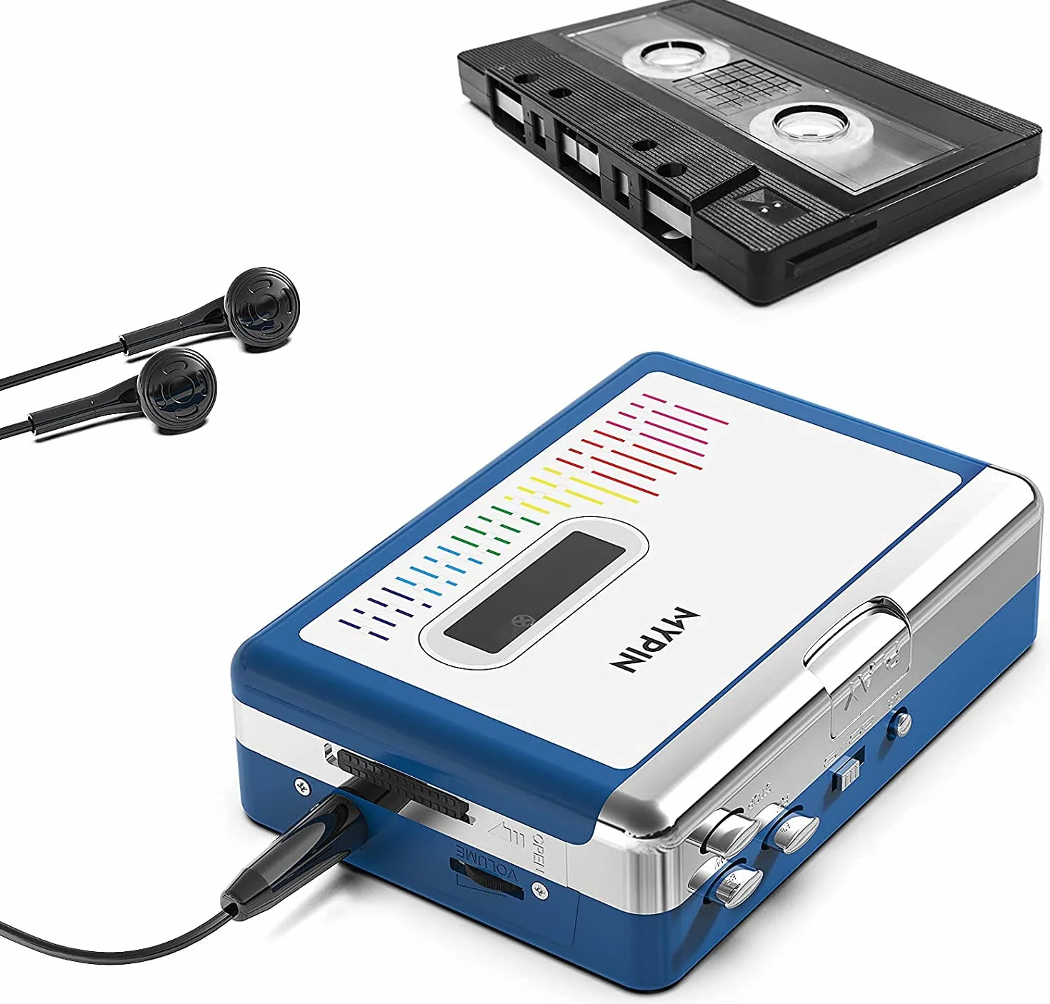 MYPIN Odtwarzacz kasetowy Bluetooth z zestawem słuchawkowym, napęd wyjściowy Bluetooth z zestawem słuchawkowym/głośnikiem, przenośny odtwarzacz kasetowy, 2 baterie AA lub zasilanie USB, złącze