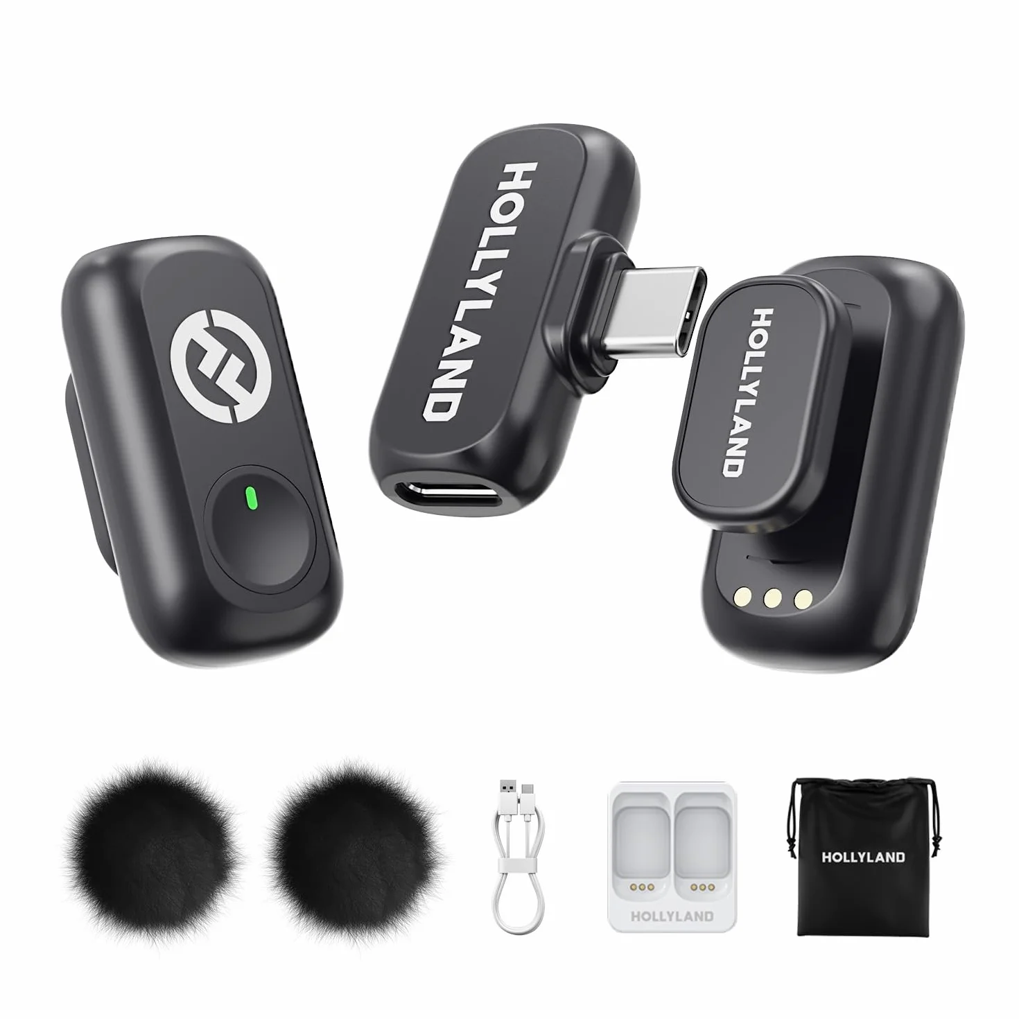 Hollyland Lark A1 Mini Duo kompaktowy mikrofon radiowy do iPhone 14/13/12 (2 nadajniki + odbiornik Lightning) – bez etui do ładowania (czarny) (dla USB-C (2TX+1RX))