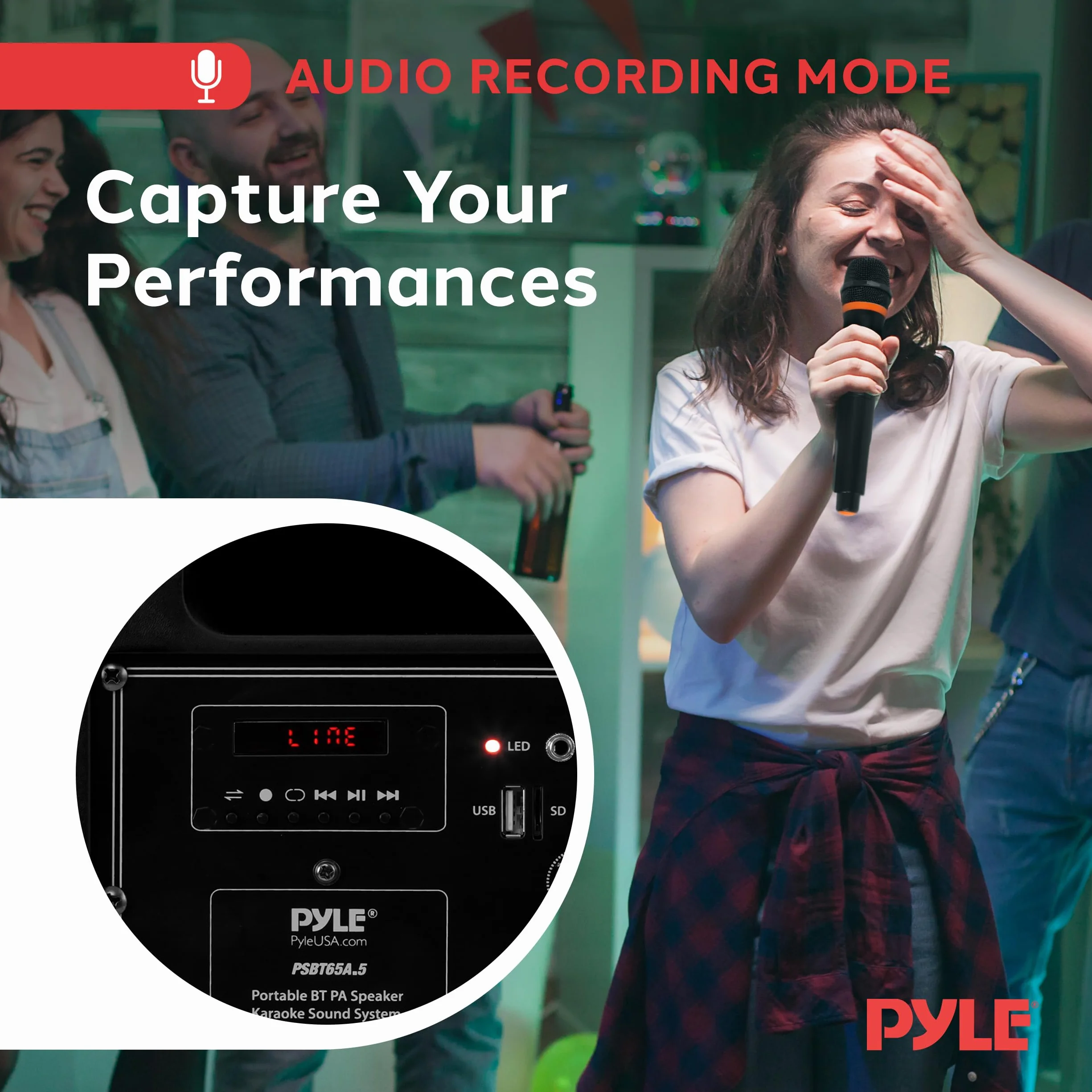 Pyle Głośnik Bluetooth Karaoke PA - Indoor/Outdoor Przenośny system dźwiękowy z bezprzewodowym mikrofonem, nagrywanie audio, akumulator, odtwarzacz USB/SD, uchwyt na stoisko - na imprezę, sterowanie