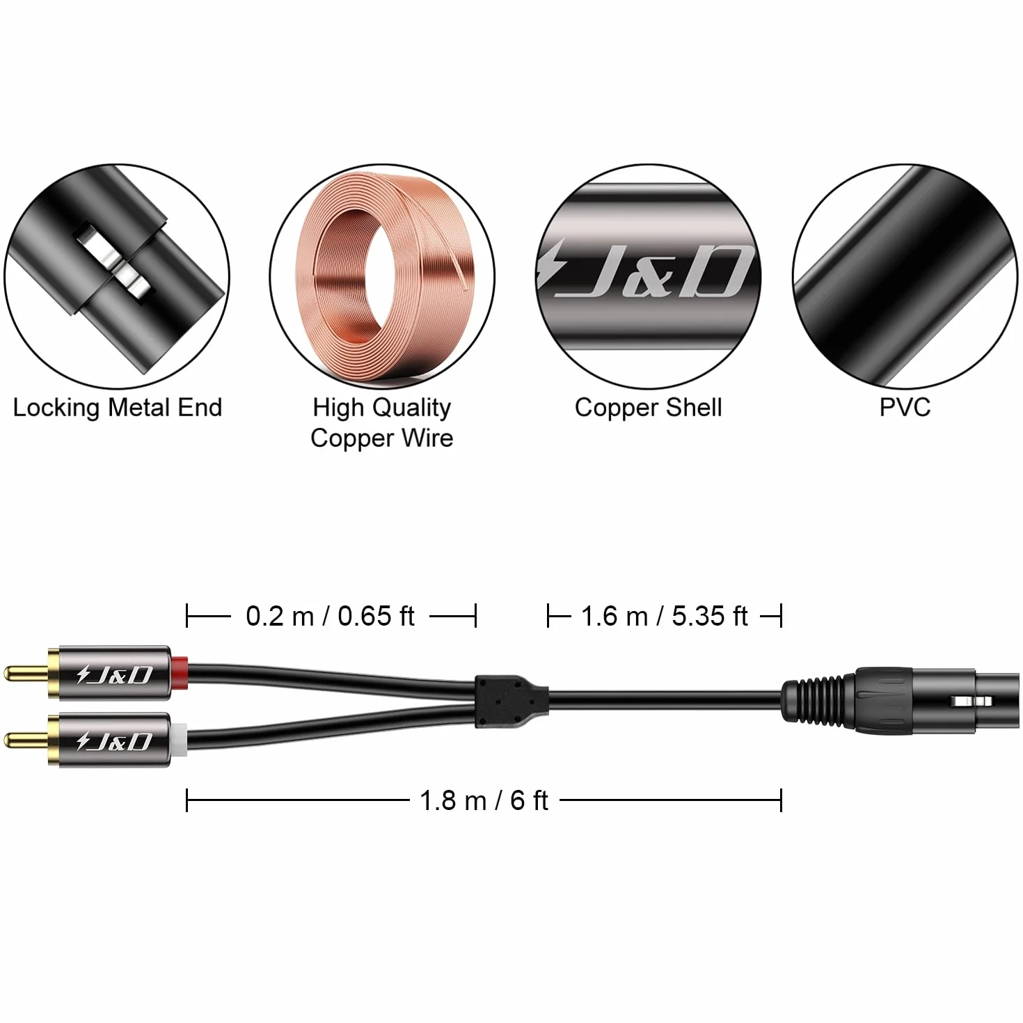 J&D XLR do 2 RCA Y kabel krosowy PCW stereo audio interconnect 6 stóp