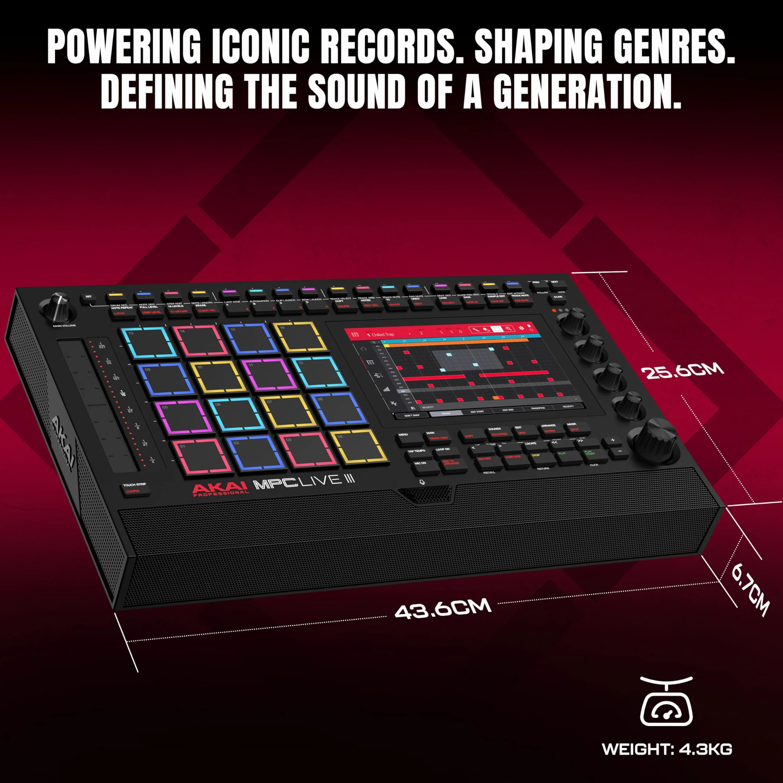 Akai Professional MPC Live III Przenośne centrum produkcji muzycznej z padami MPCe, sekwencerem, ekranem dotykowym, mikrofonem, monitorami, interfejsem audio, Wi-Fi, Bluetooth, baterią, touchstripem