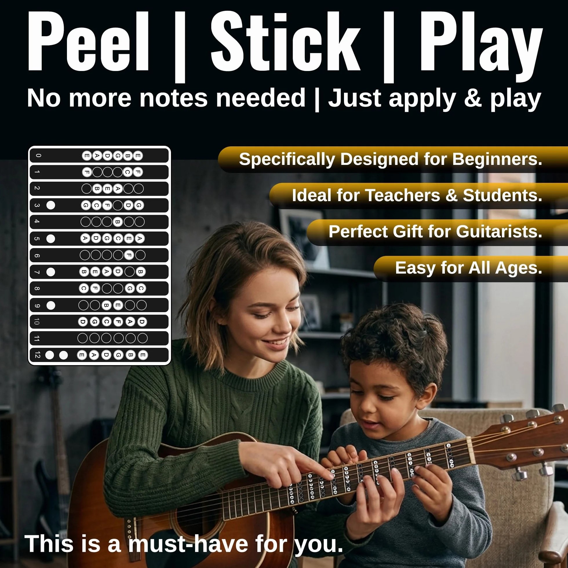 Naklejki na podstrunnicę gitarową, 2 szt., czarno-białe, zdejmowane, bez pozostałości, obejmują pierwsze 12 progów, łatwe etykiety do nauki do gitary akustycznej i elektrycznej, wyprodukowane w USA