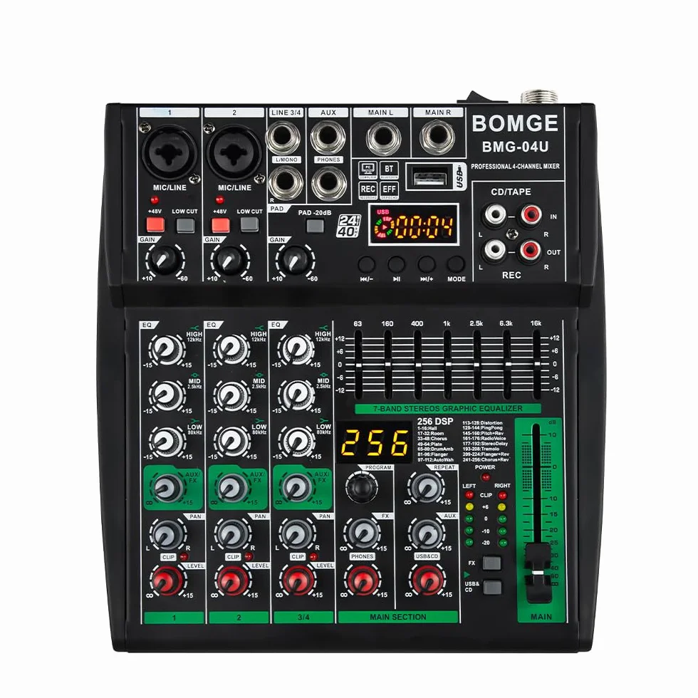 BOMGE Profesjonalny mikser audio DJ, 4-8-kanałowy mikser DJ, mikser dźwięku Bluetooth, obsługuje wejście komputerowe USB/MP3/BT, zasilanie fantomowe 256DSP, 48 V nadaje się do nagrywania