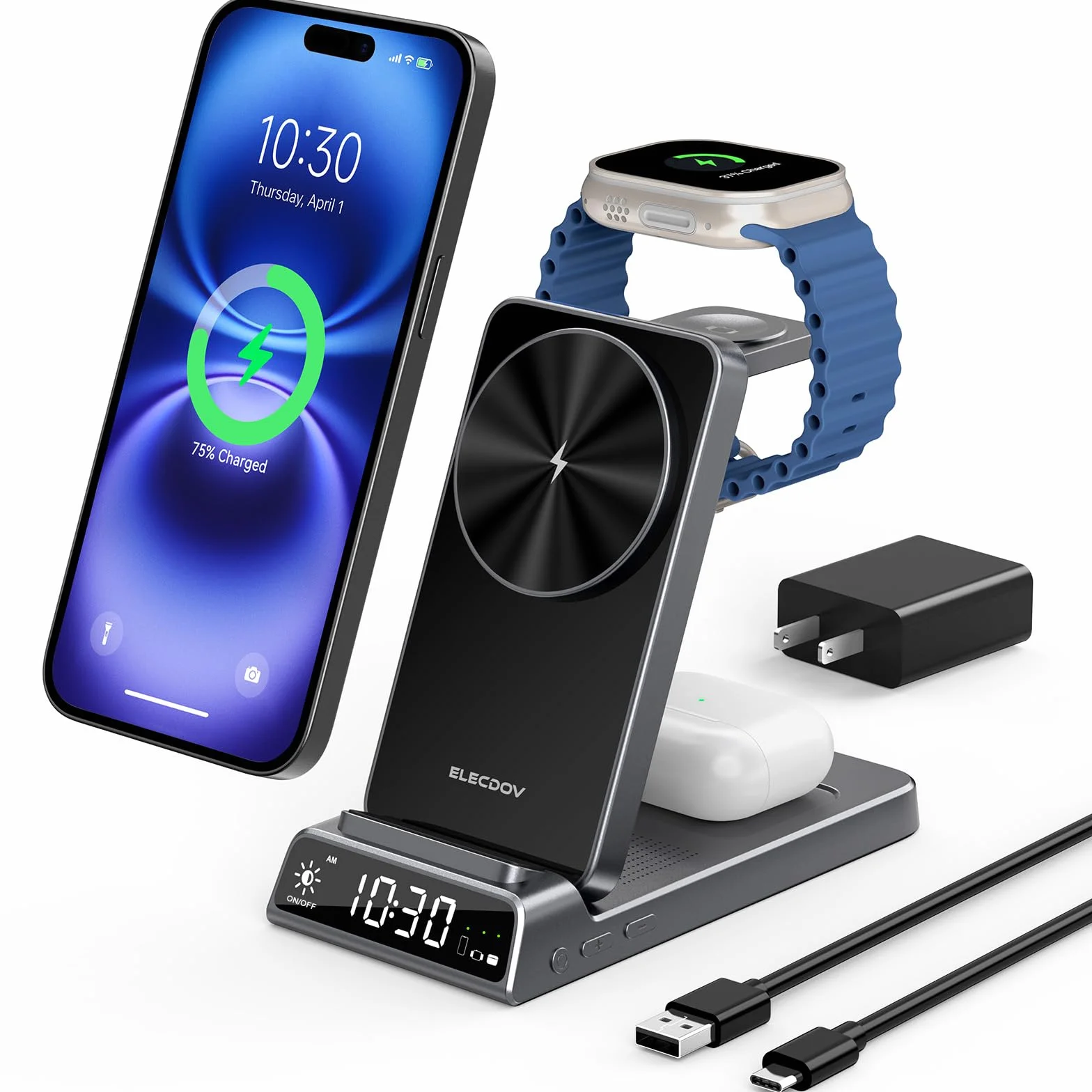 Bezprzewodowa ładowarka do Apple, magnetyczna stacja ładująca 3 w 1 z zegarem, składany podróżny bezprzewodowy stojak ładujący do iPhone 17/17 Pro/17 Pro Max/16/15, ładowarka do zegarka iWatch 10