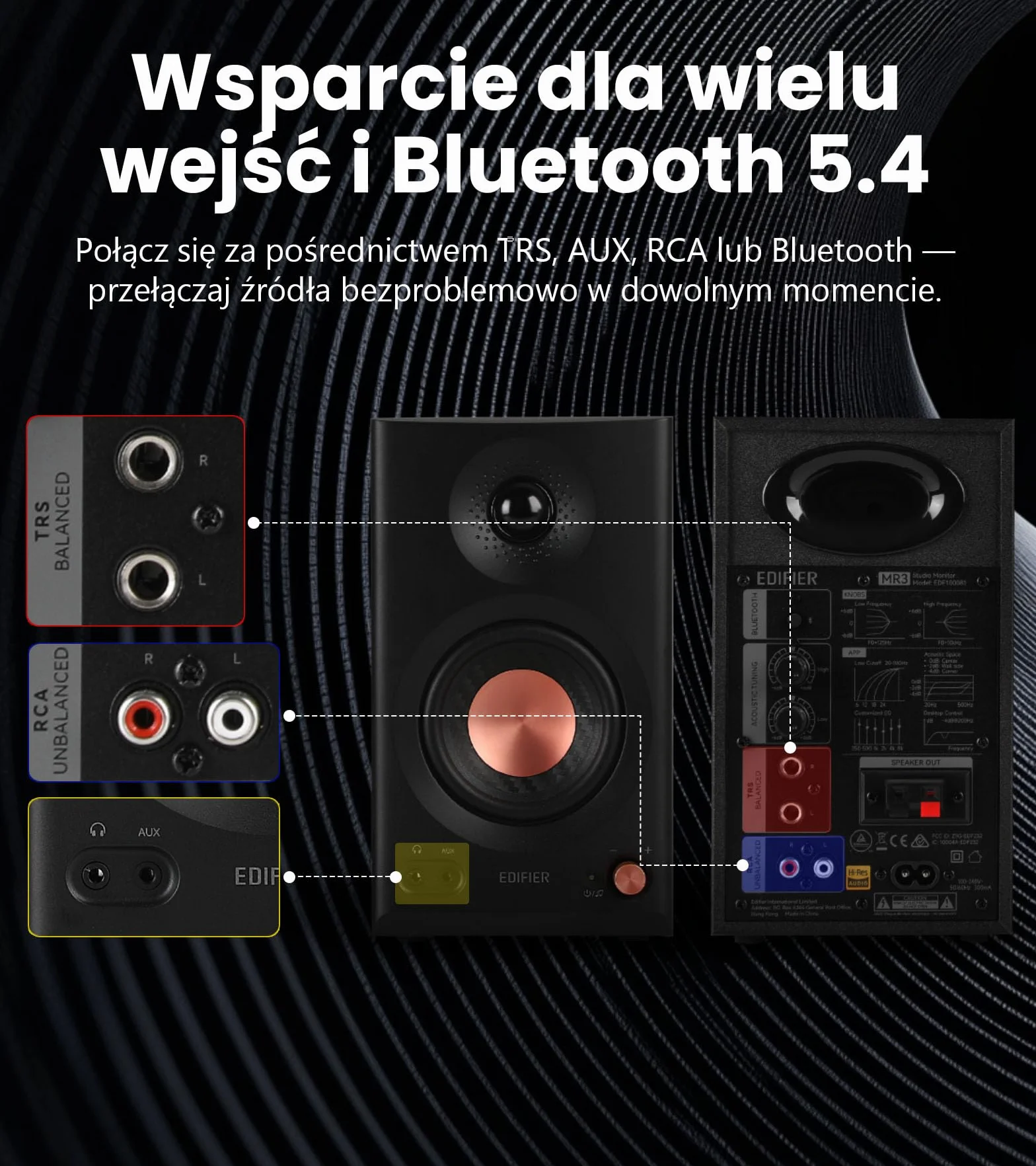Edifier MR3 - Kompaktowe głośniki Studio 2.0, Hi-Res Audio, Bluetooth V5.4, sterowanie fizyczne, RCA, AUX, aplikacja mobilna, 2x18W, czarny