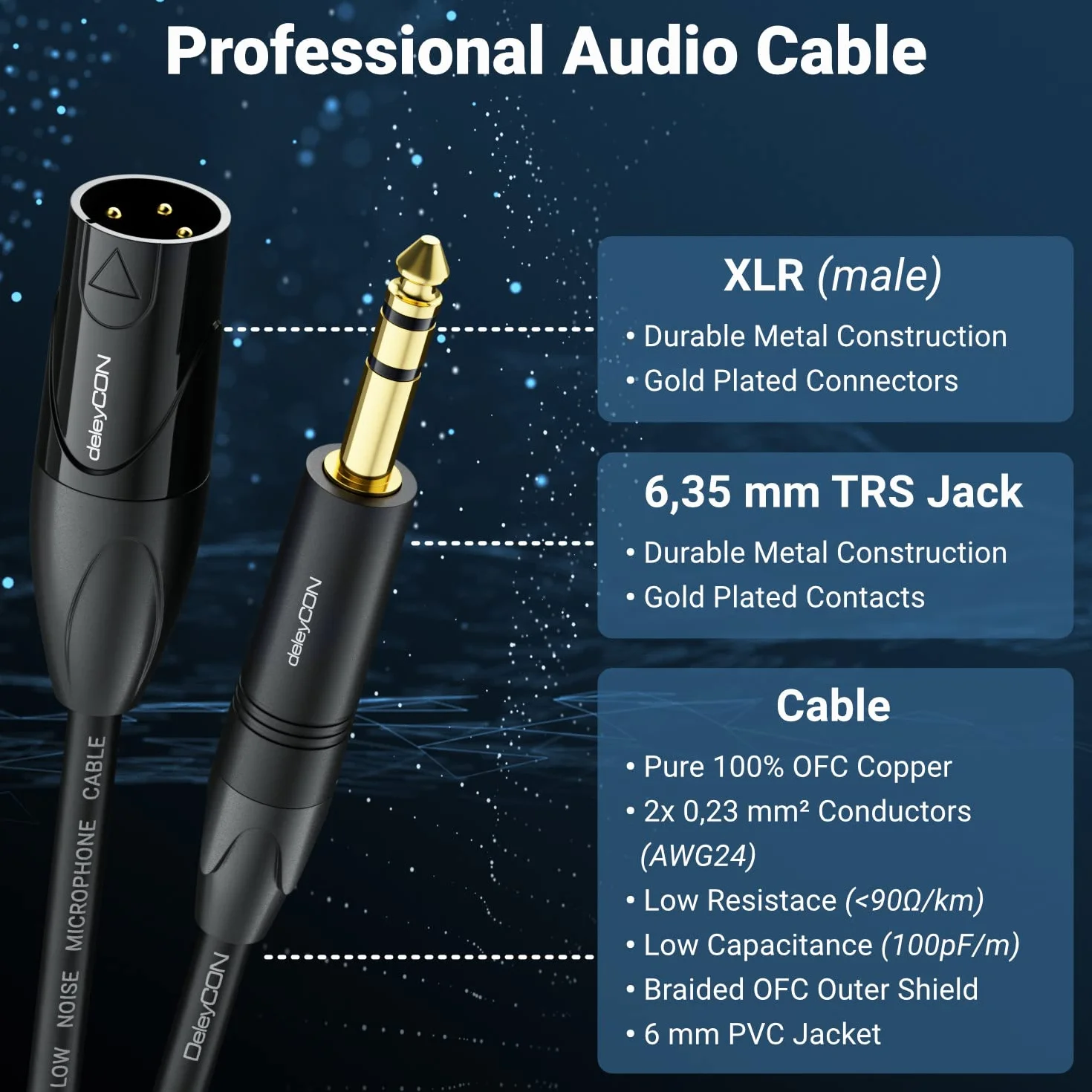 deleyCON 4m XLR na 6,35mm Klinke Stereo - Kabel Mikrofonowy Audio Adapter AUX - Jakość Studyjna - z Czystej Miedzi OFC (AWG24) XLR Wtyk na Klinke 6,35mm Wtyk - Metalowa Blokada