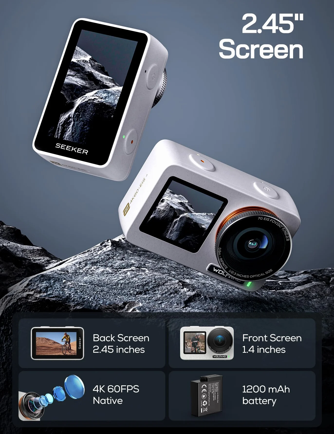 WOLFANG Seeker One White wodoszczelna kamera sportowa z wideo 4K60 Ultra HD, kolorowy wyświetlacz z dwoma ekranami, kamera podwodna o długości 16 m, transmisja na żywo, kamera internetowa,
