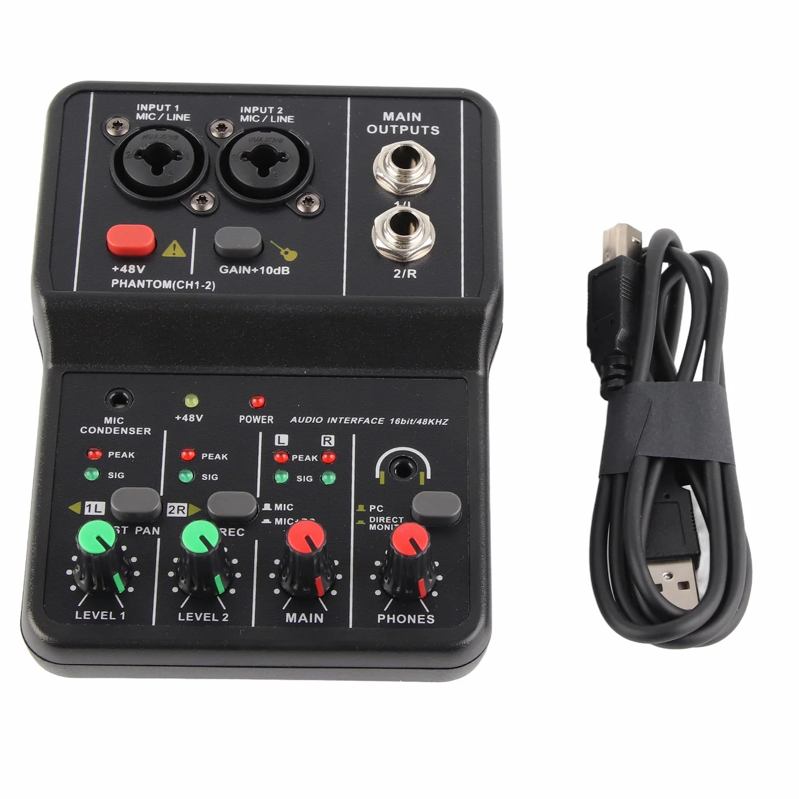 Mini mikser audio, 2-kanałowy mikser USB 48 V system zasilania konsola kompaktowy dźwięk fantom karta dźwiękowa do nagrywania muzyki karaoke dom internet biznes kanały plaża