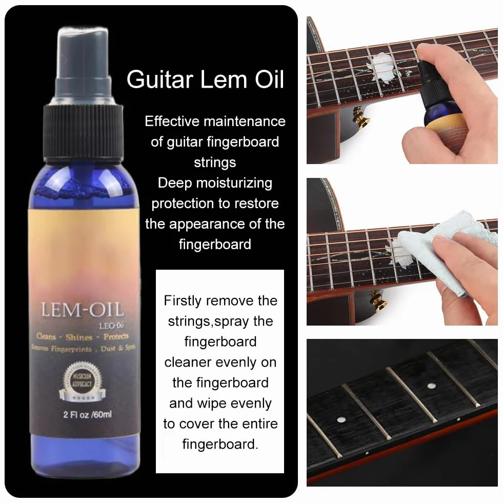 Czyszczenie gitary, Zestaw do czyszczenia gitary, Zestaw do pielęgnacji gitary, Guitar Cleaning Set, z politurą do gitary, olejem cytrynowym do podstrunnicy, olejem do czyszczenia strun, ściereczką do