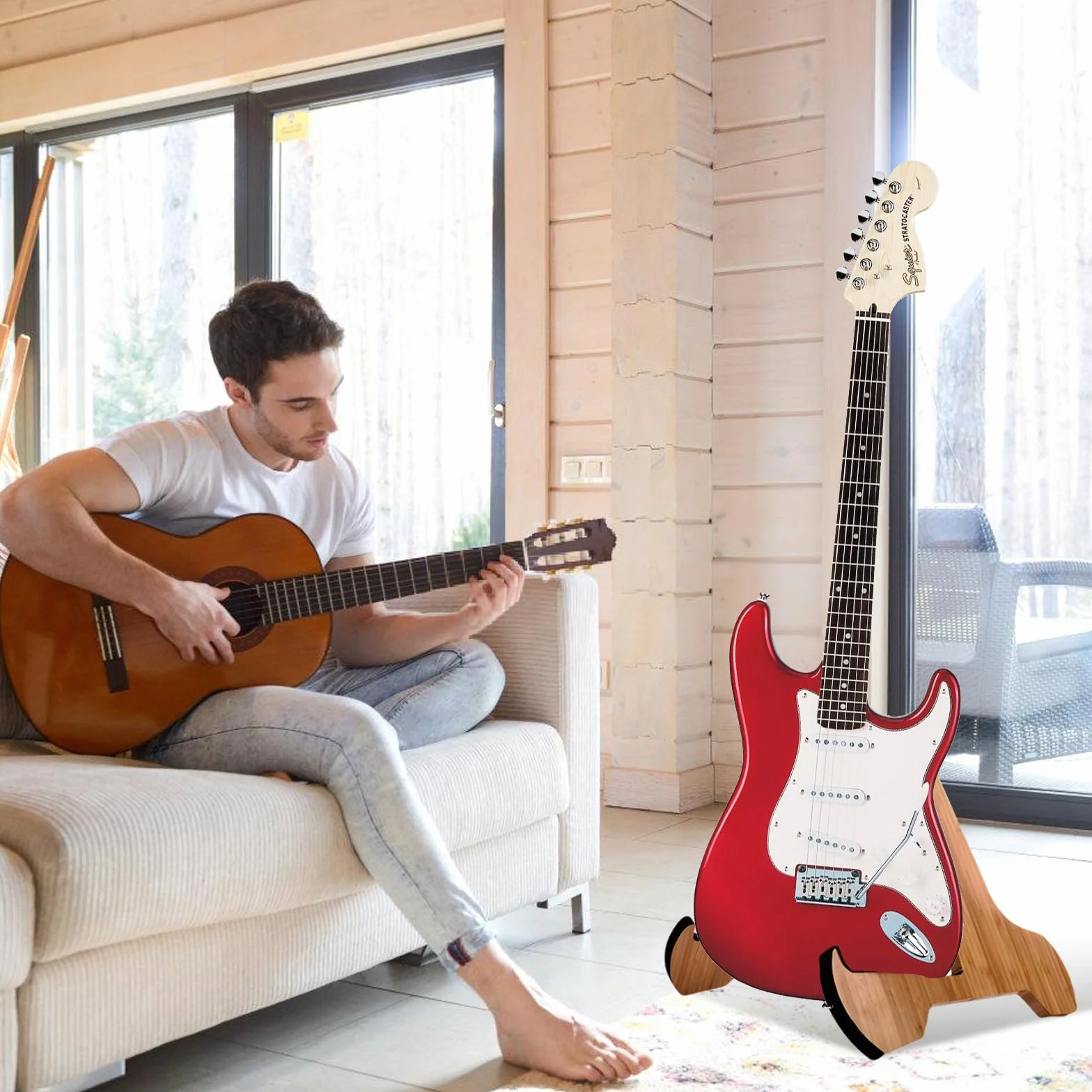 SUNOYA Składany stojak na gitarę, uchwyt na gitarę, drewniany stojak na gitarę, z antypoślizgową gumą, do gitary elektrycznej, akustycznej, basowej, klasycznej, ukulele
