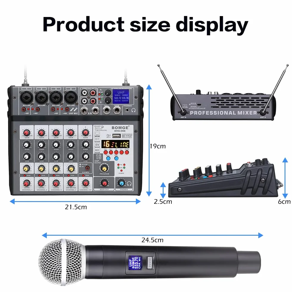 BOMGE 6-kanałowy mikser konsoli audio DJ z bezprzewodowym mikrofonem Dua UHF, USB, Bluetooth, fantomem 48 V, 16 Echo/opóźnienie, do nagrywania w studiu domowym, DJ, sieci, karaoke, gitara PC