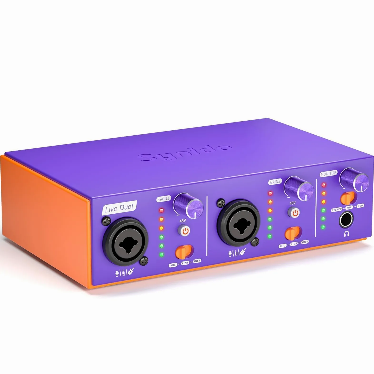 Synido Live Duet Interfejs audio USB C do nagrywania muzyki, przesyłania strumieniowego, podcastów z podwójnym XLR, wejście liniowe, 24 bit/48 kHz, zasilanie fantomowe 48 V, 2-kanałowy, fioletowy