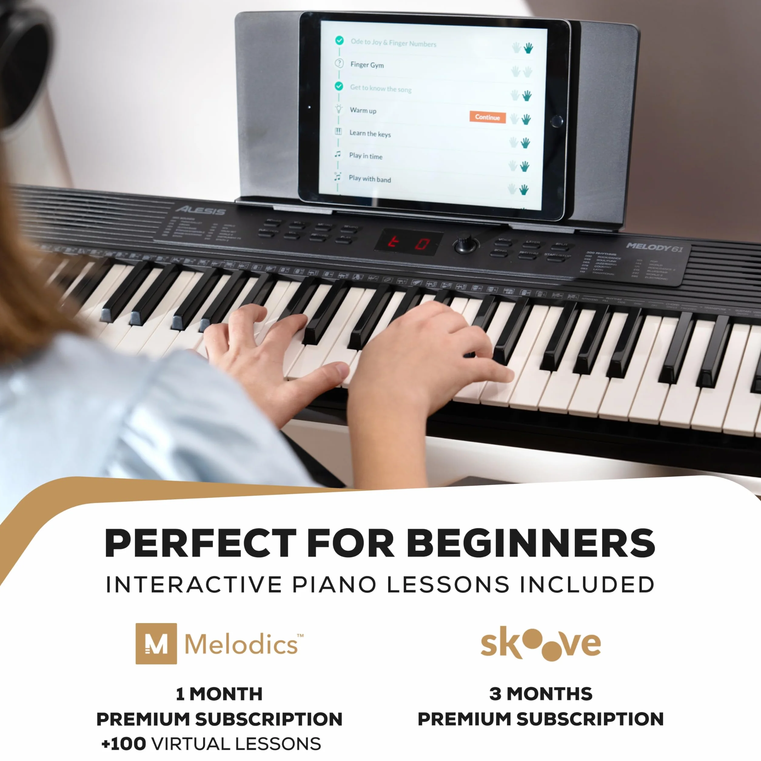 Alesis Melody 61 Pianino dla Początkujących z 61 Klawiszy, Głośniki, Stojak, Ława, Słuchawki, Podpórka pod nuty/tablet, 300 Brzmień i Lekcje gry