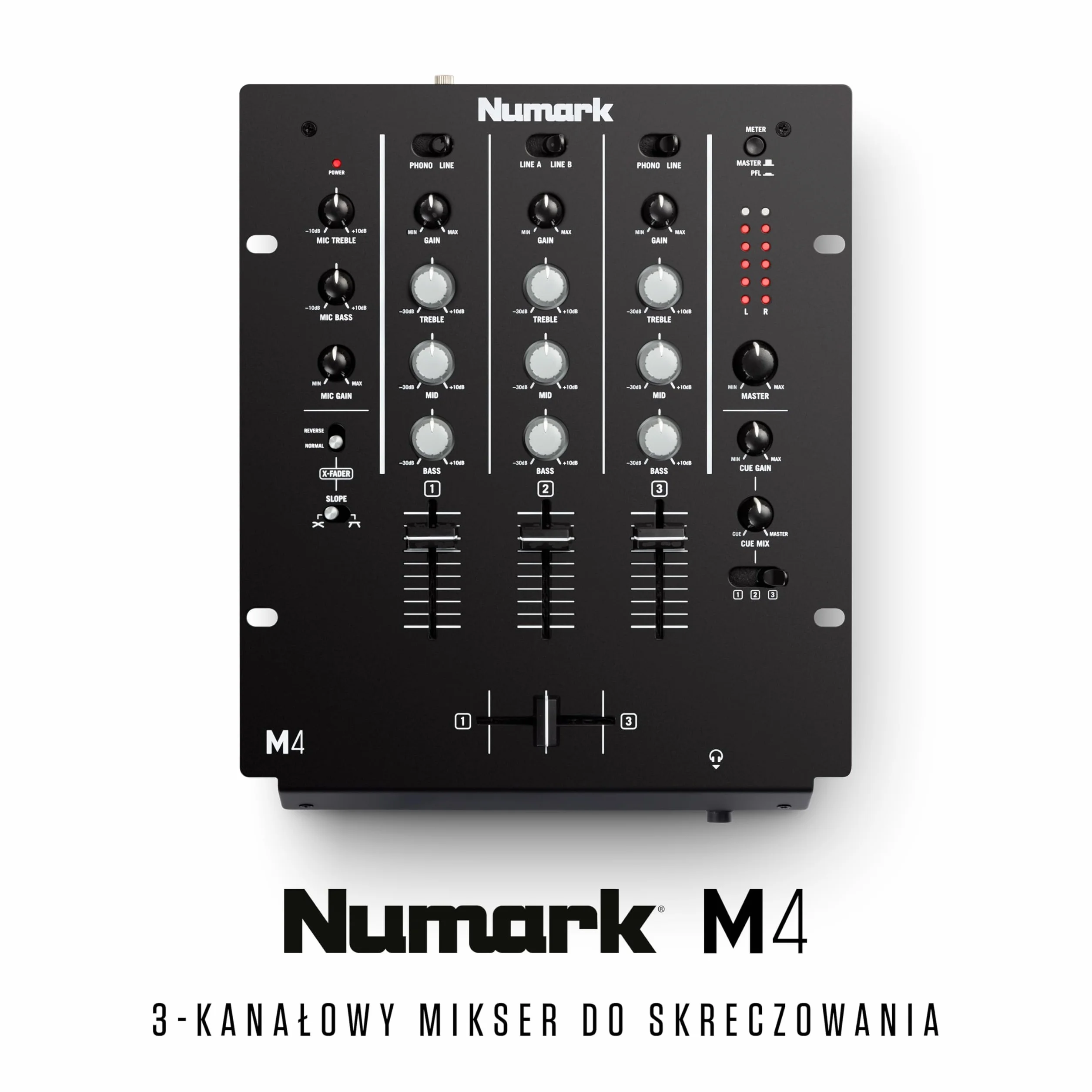 Numark M4 3-kanałowy mikser DJ-ski typu scratch do montażu w racku z 3-pasmowym EQ i crossfaderem