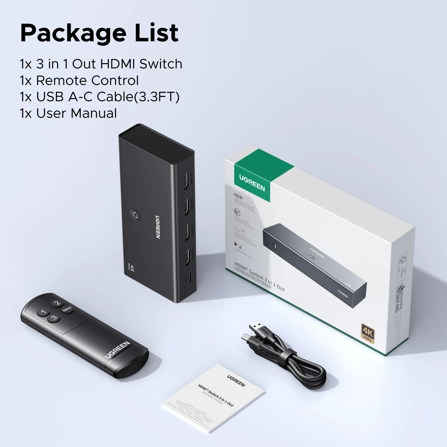 UGREEN Hdmi Switch 3 In 1 Out 4k@60hz, Rozdzielacz Hdmi Z Pilotem ObsłUguje Hdr10+ Cec Hdcp2.2 Kompatybilny Z Switch Ps5/4/3 Xbox Roku Tv Fire Stick Blu-Ray Player