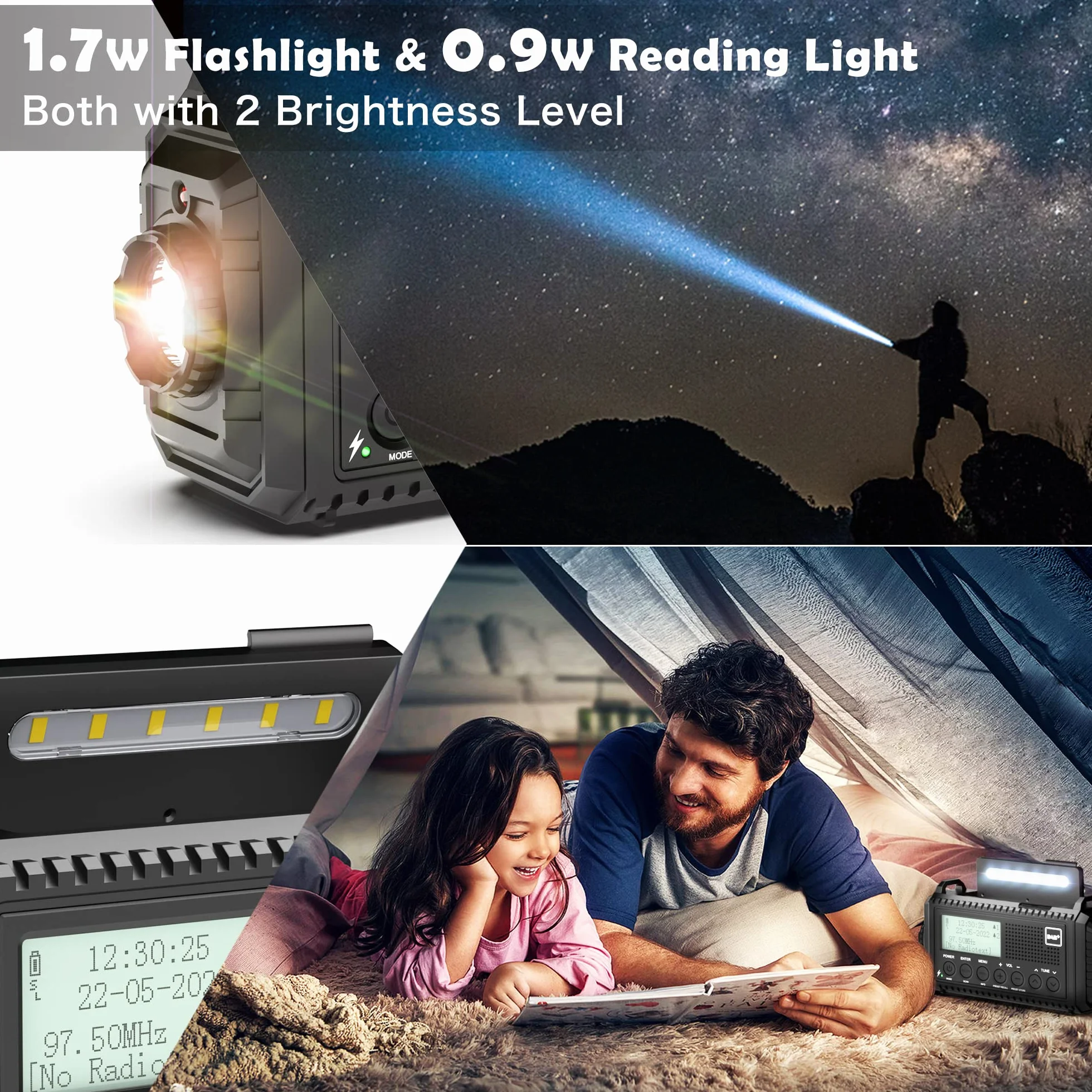 Dab Wind Up Radio, 5000 mAh, zasilane energią słoneczną, radio awaryjne z alarmem SOS, radio korbowe z ładowarką USB, przenośne radio Dab z latarką, gniazdem słuchawkowym i budzikiem, na kemping