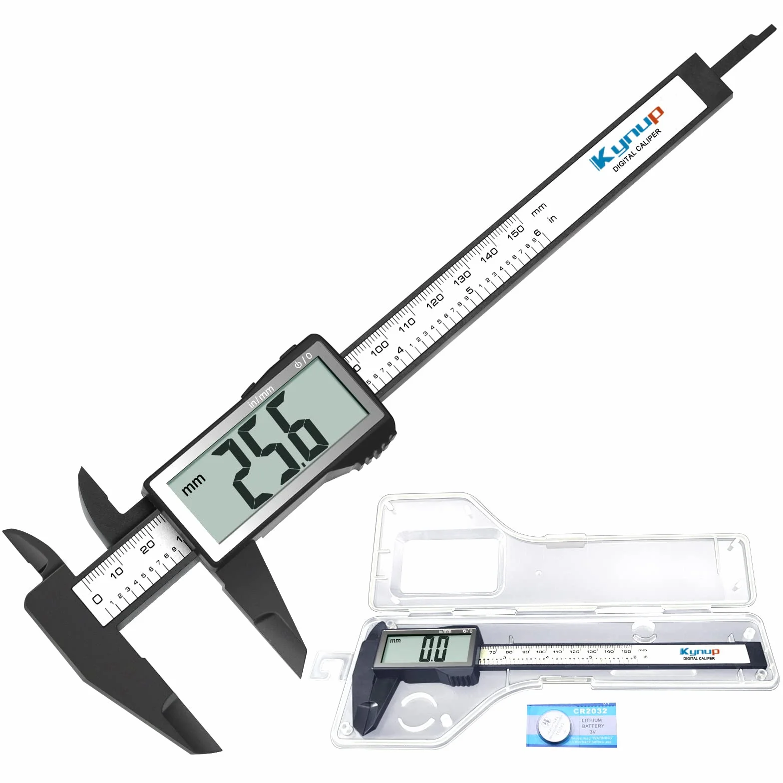 Kynup Suwmiarka cyfrowa z dużym ekranem LCD, suwmiarka cyfrowa 150 mm, konwersja w calach/milimetrach, lekka dokładna suwmiarka cyfrowa, narzędzia pomiarowe, włókno węglowe, 6"