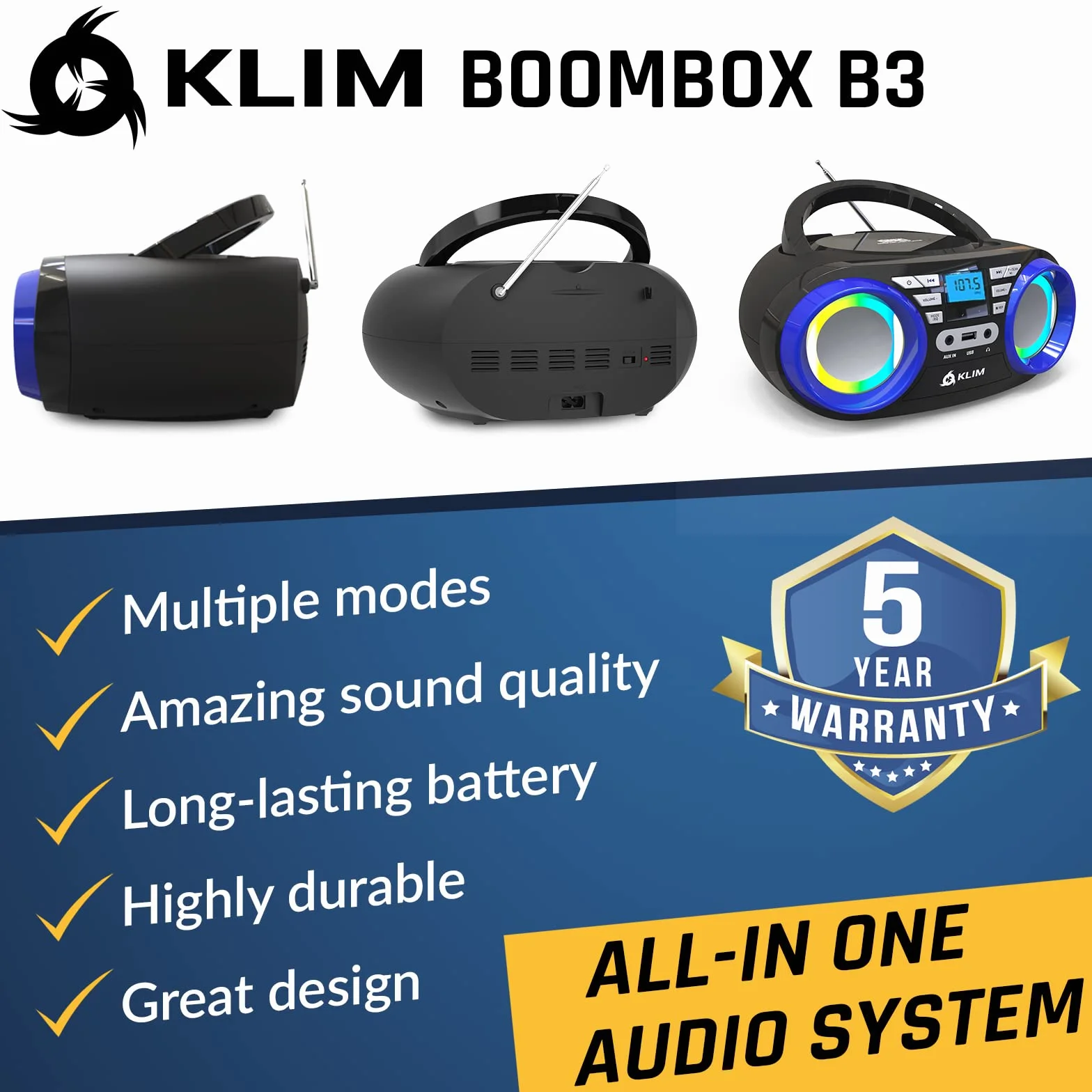 KLIM Boombox B3 przenośny odtwarzacz CD – Nowość 2024 – radio FM, CD, Bluetooth, USB, MP3, Boombox CD, tryb przewodowy i bezprzewodowy z bateriami do ładowania, obiektyw laserowy, przenośny odtwarzacz
