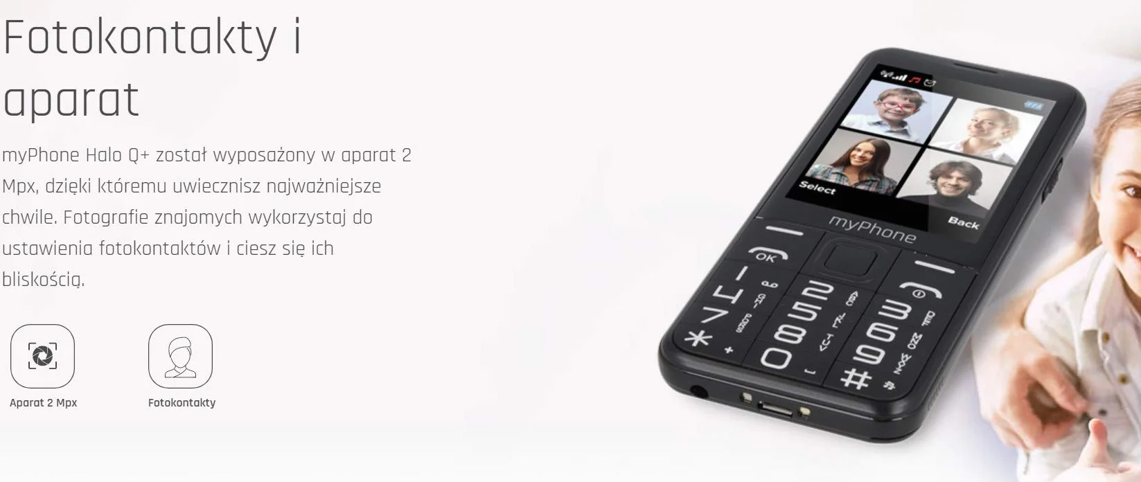 myPhone Halo Q+ 4family telefon dla seniora ze stacją ładującą, duży wyświetlacz 2,8 cala, mocna bateria 1400 mAh, aparat 2Mpx, duże klawisze, fotokontakty, 3G, przycisk SOS, latarka, dual SIM