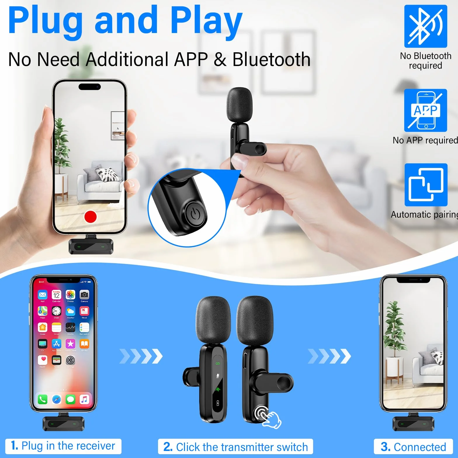 Bezprzewodowy mikrofon krawatowy do iPhone'a i Androida, 2,4 GHz, plug and play, mini mikrofon, redukcja szumów przez DSP, do nagrywania, Youtube, TikTok, blogów, wywiadów