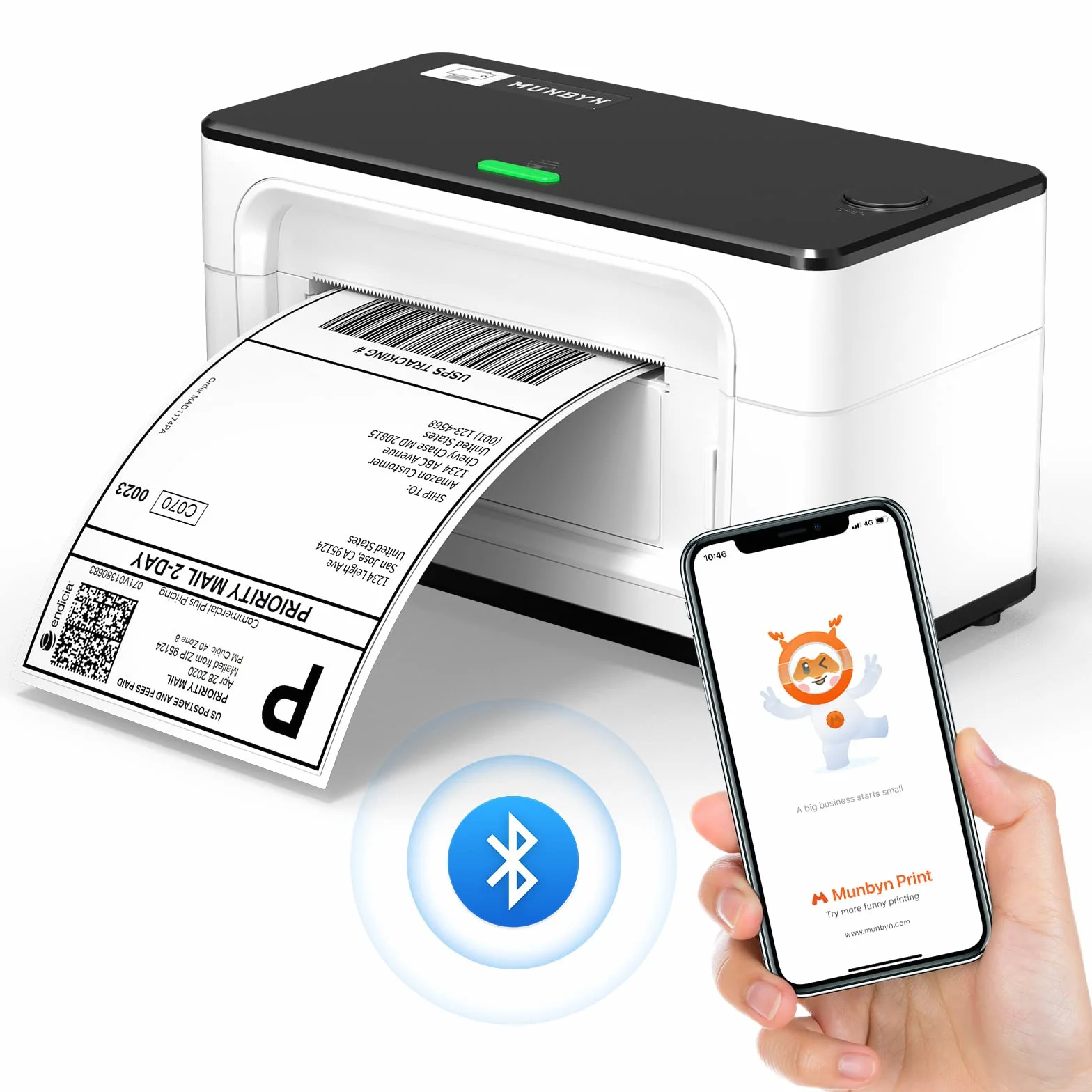 Drukarka Etykiet MUNBYN z Bluetooth, Drukarka Termiczna, Drukarka Etykiet Wysyłkowych 4x6 dla DHL, UPS, GLS; Drukarka Etykiet dla Allegro, Etsy, Shopify, Model 941B, Biała
