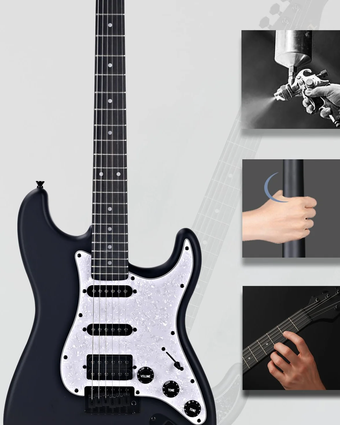 Winzz Gitara elektryczna 4/4 dla dorosłych, ST HSS, zestaw dla początkujących z 12 akcesoriami, dla dzieci 12+ lat (99,1 cm, czarny matowy, biała płytka ochronna)
