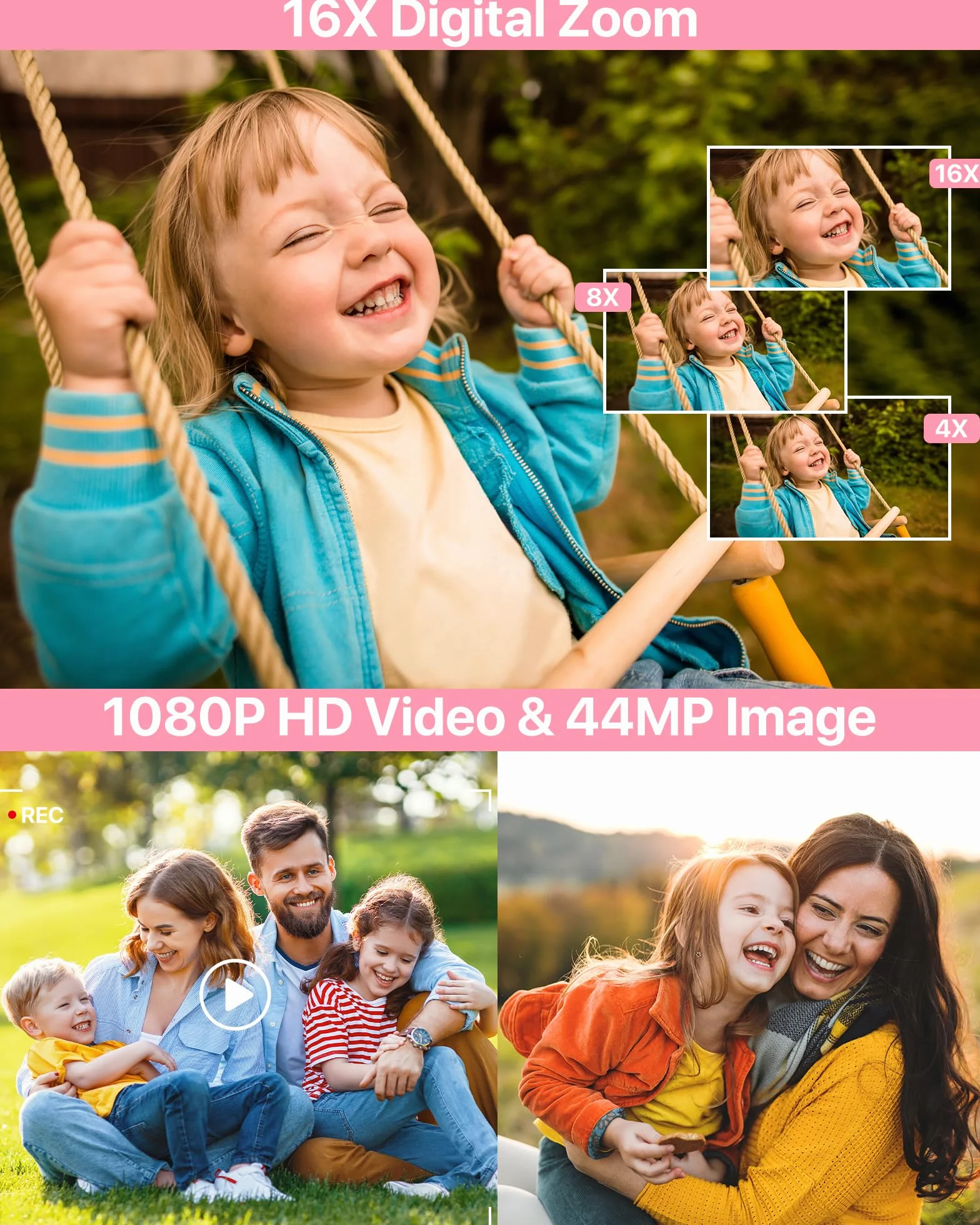 Kompaktowy aparat cyfrowy 1080P FHD 44 MP przenośny mini mały aparat fotograficzny z ekranem LCD 2,4 cala, 16-krotnym zoomem cyfrowym i 1 baterią kamera do vlogowania dla dzieci, dziewcząt, chłopców