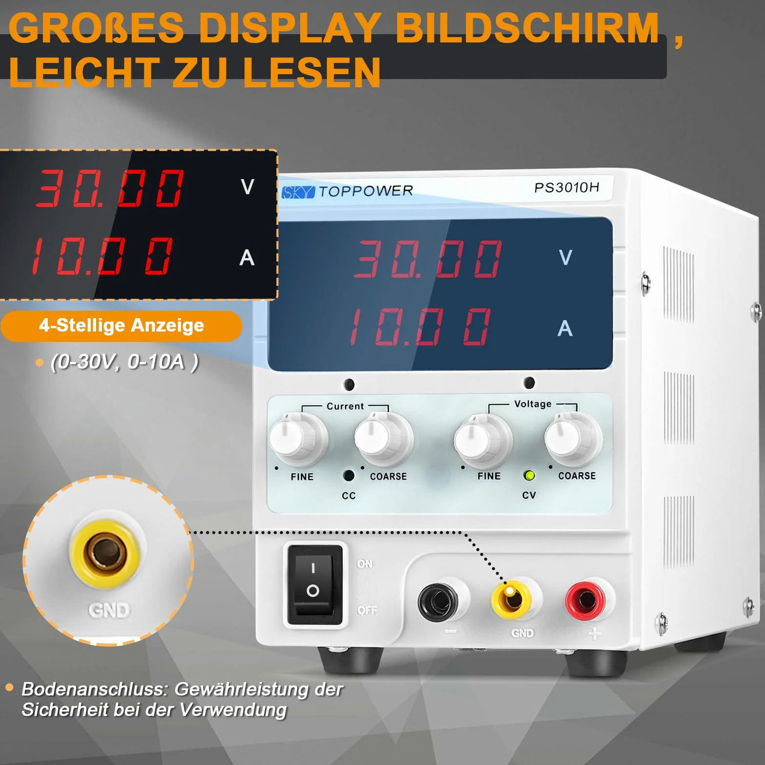 Zasilacz laboratoryjny (0-30 V, 0-10 A), zasilacz laboratoryjny DC z 4-cyfrowym wyświetlaczem LED do testów elektroniki, napraw i badań SKY TOPPOWER PS3010H