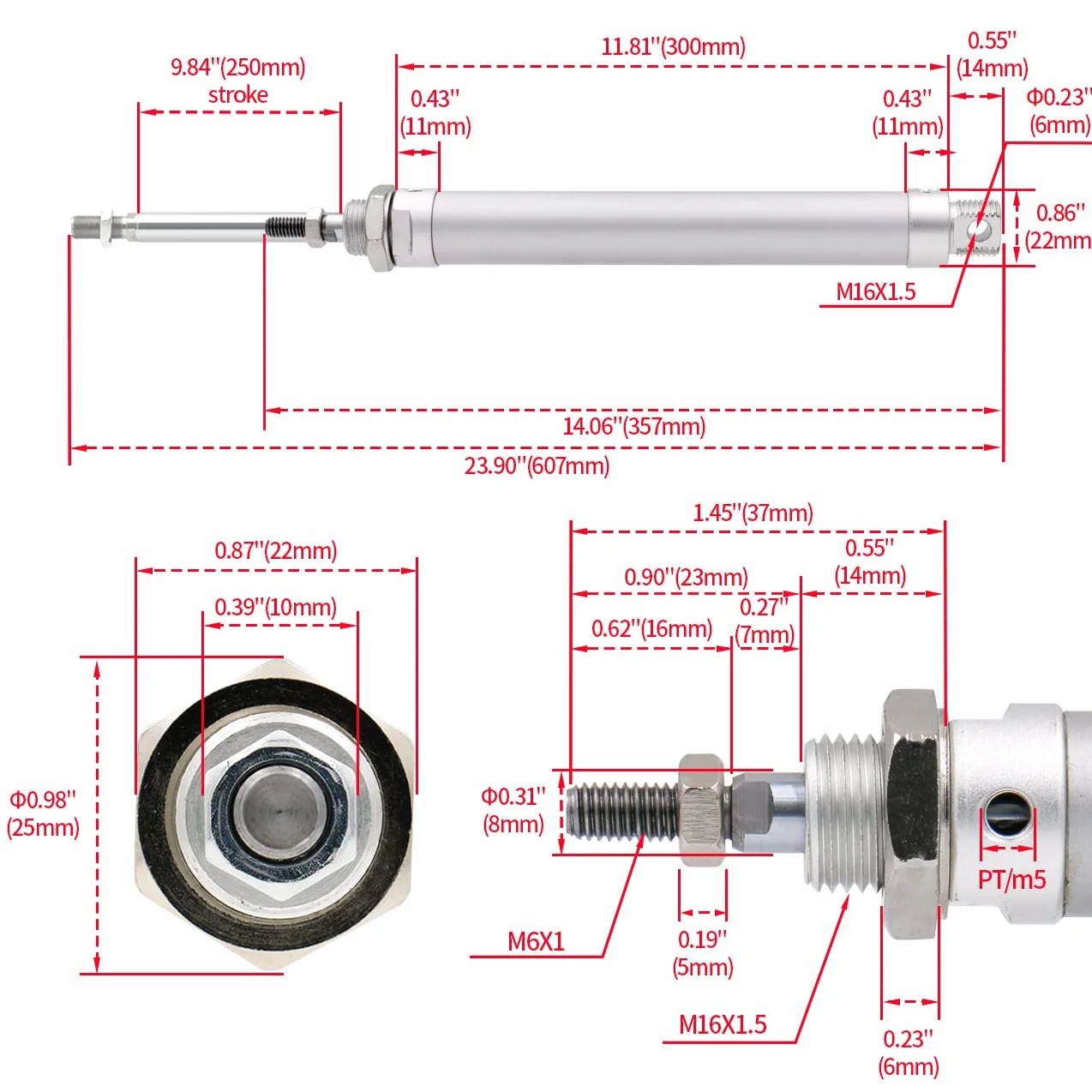 Heschen pneumatyczny wąski cylinder powietrza MAL 16-250 M5 port 16 mm otwór 250 mm skokowy podwójne działanie