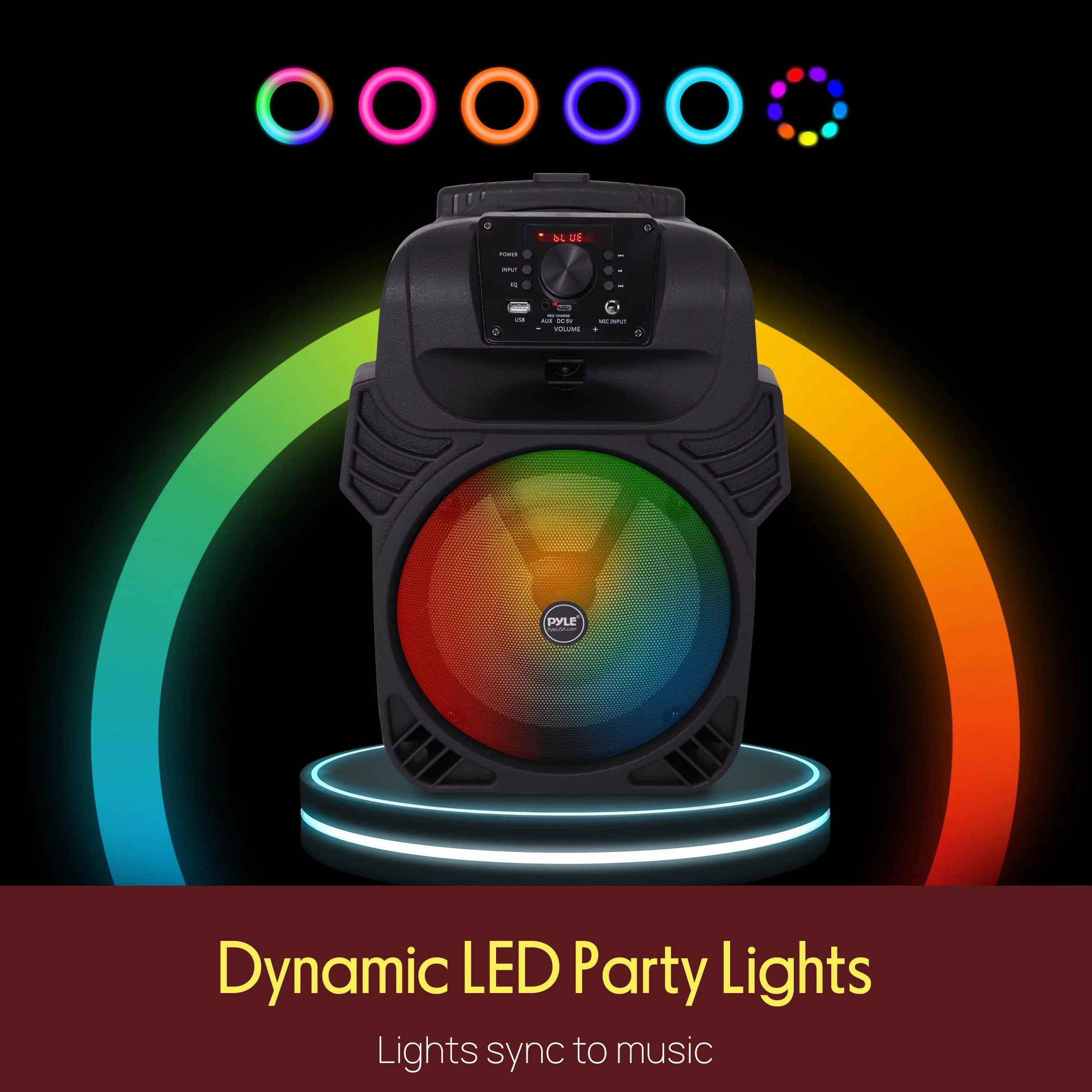 Pyle Przenośny głośnik PA 400 W - system subwoofera 8", 4 omy/55-20 kHz, radio USB/MP3/FM/wejście mikrofonu ¼, wielokolorowe światła LED, wbudowany akumulator z pilotem - Pyle PPHP844B