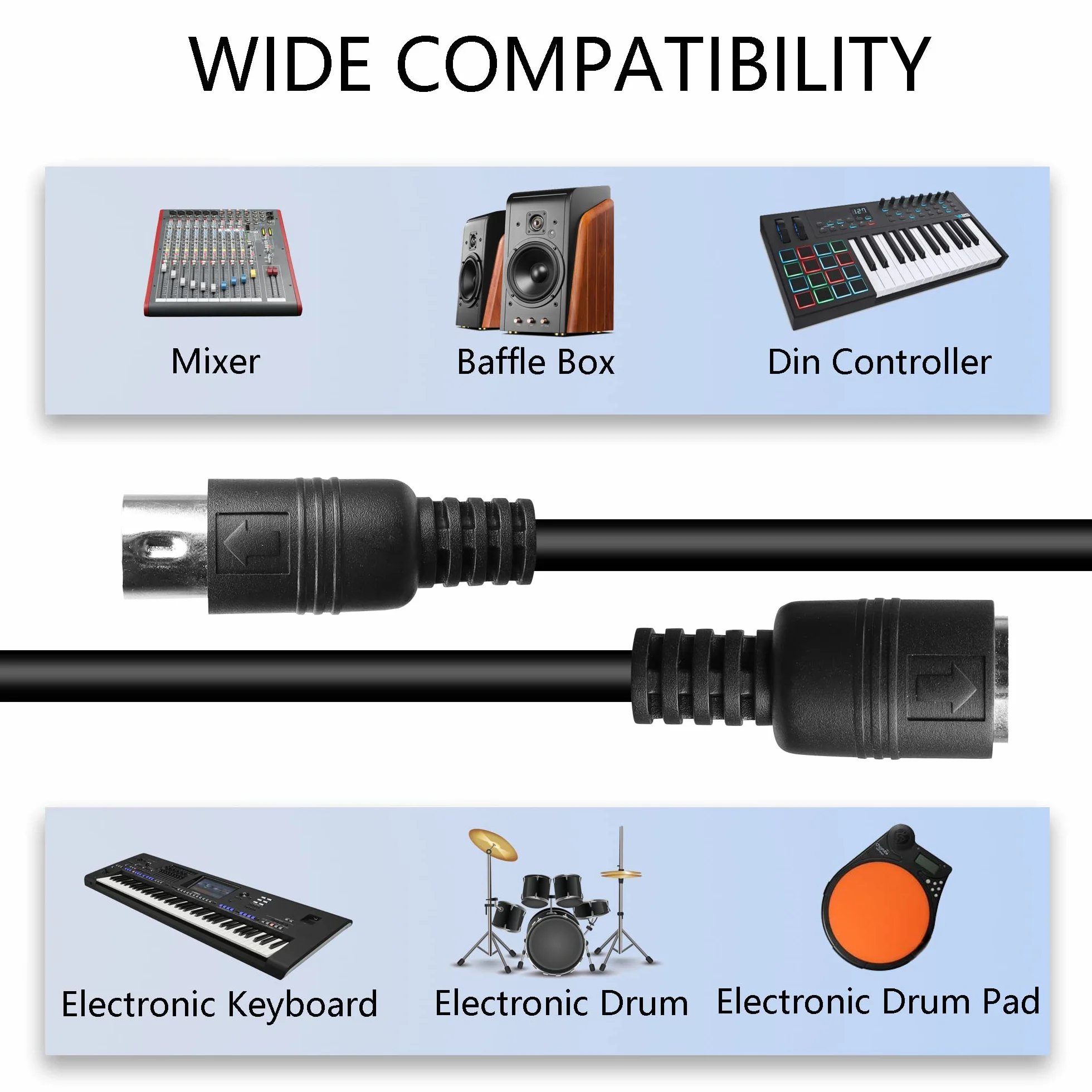 Kabel przedłużający MIDI DIN 5-pinowy męski na żeński kabel audio do syntezatora klawiatury MIDI, organów, fortepianu elektrycznego, gitary MIDI (50 cm)
