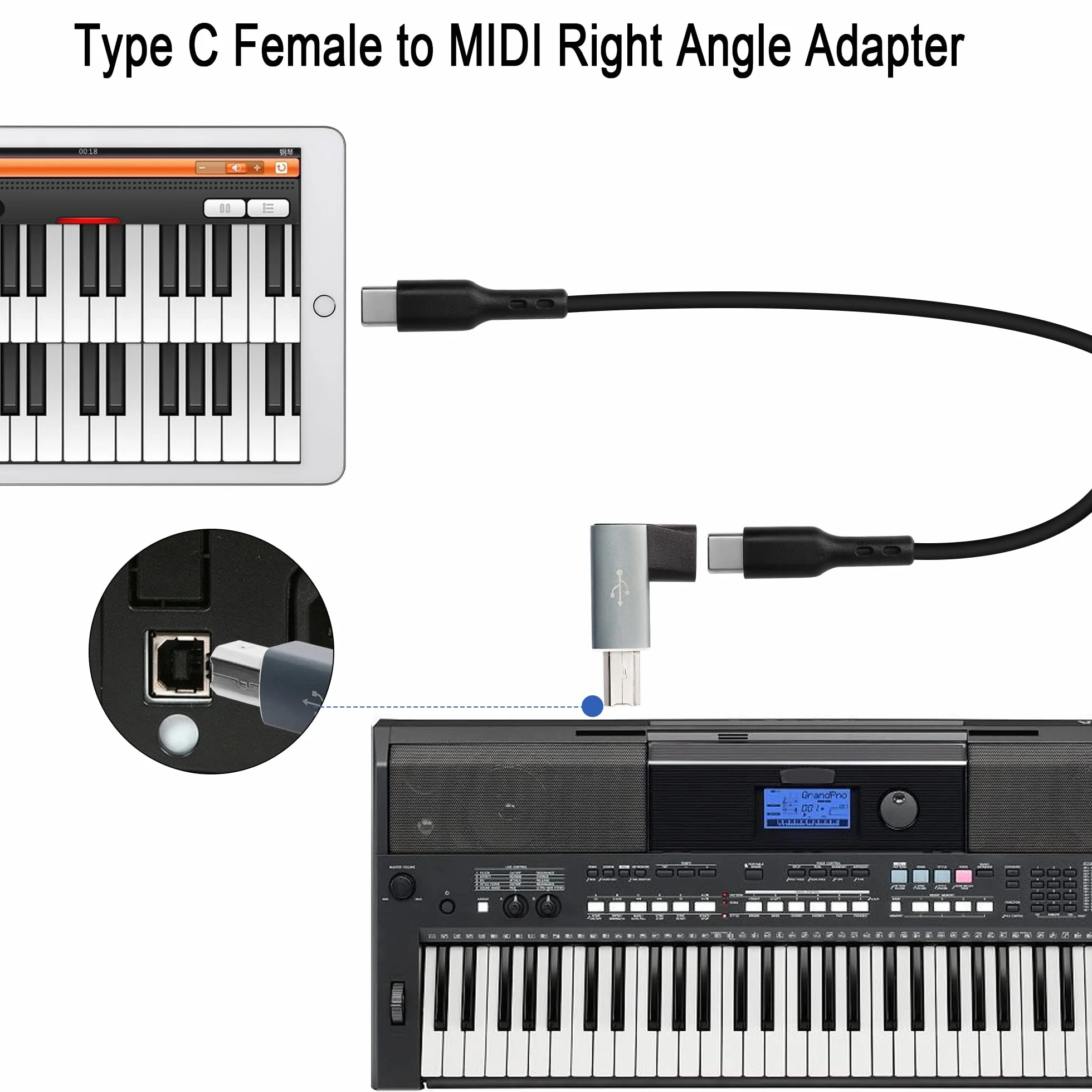 QIANRENON Kąt 90° konwerter adaptera USB C na MIDI żeński do USB B dla drukarki, MIDI pianino elektryczne, perkusja elektroniczna, 2 szt., szary