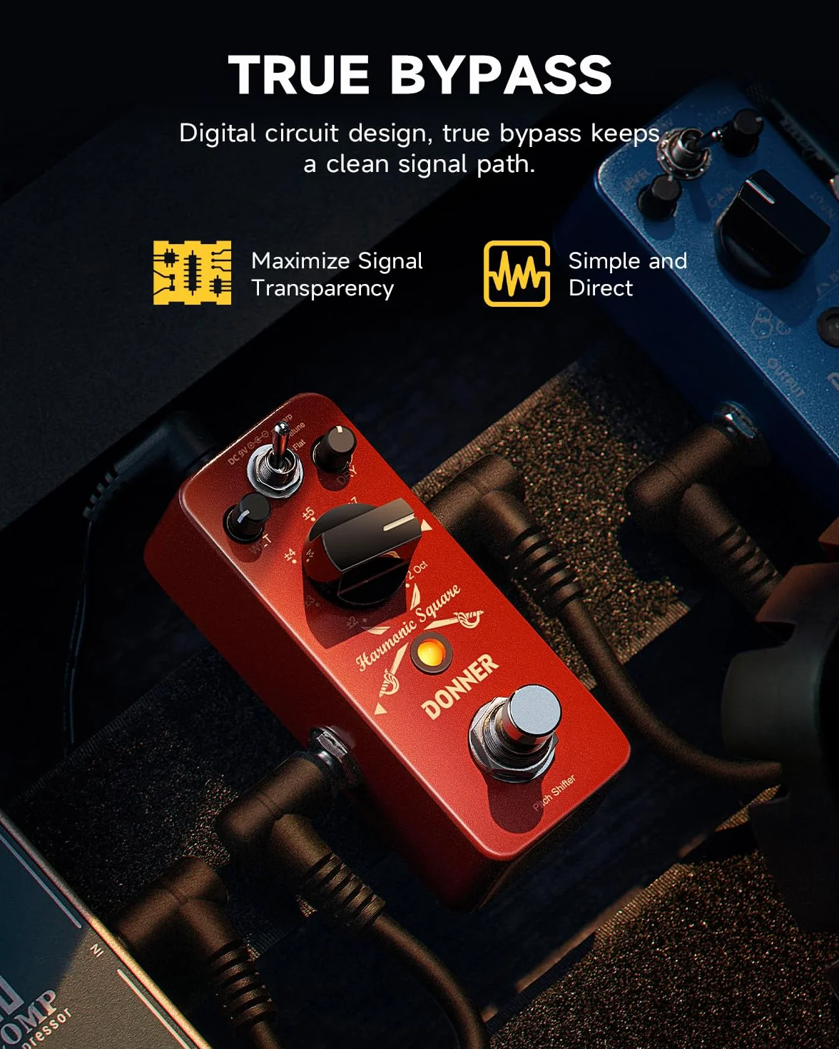 Donner Octave Pedał gitarowy, harmoniczny kwadratowy cyfrowy oktawy pedał skok zmiany biegów 7 typów zmian 3 tryby tonowe ostre Detune płaskie prawdziwe bypass