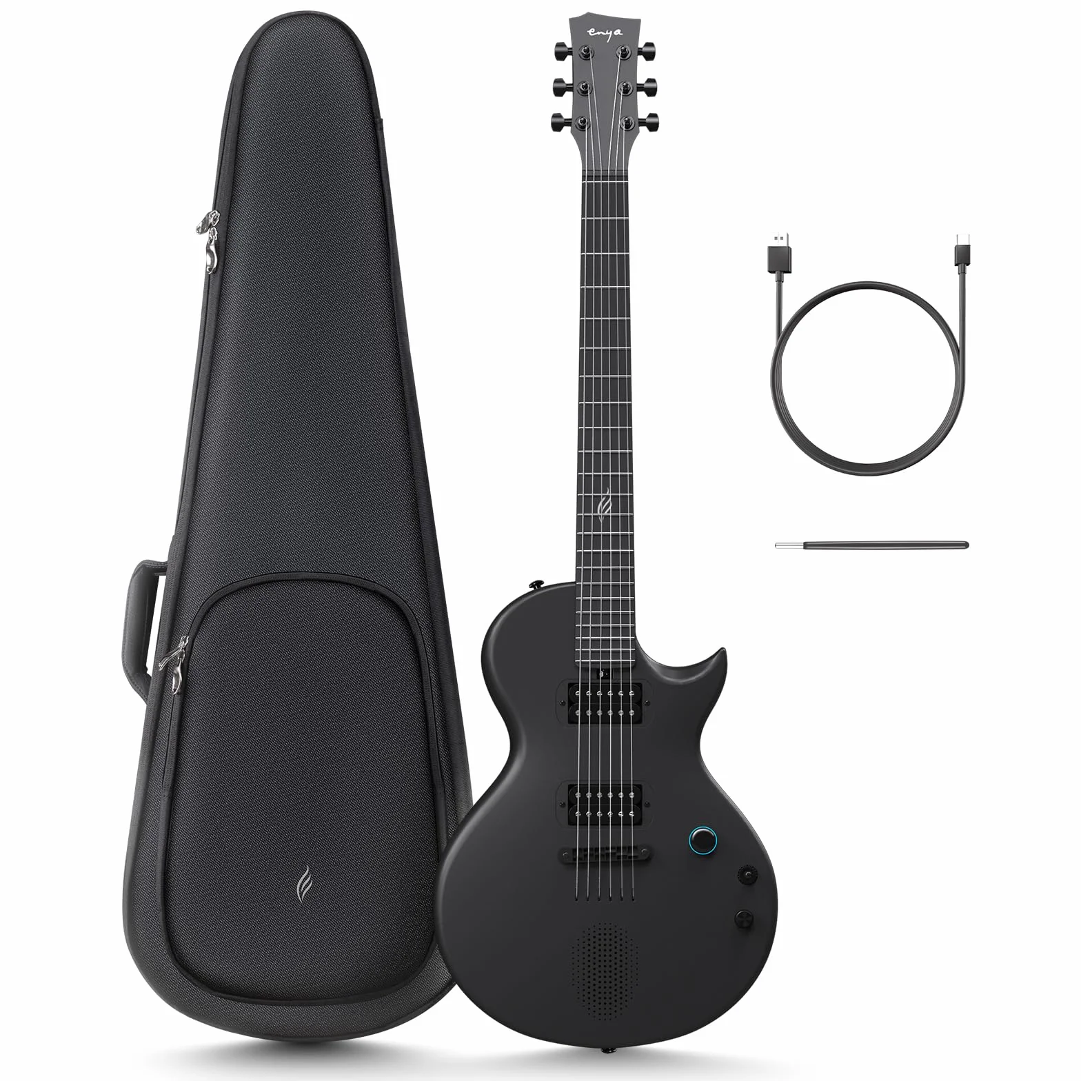 Gitara elektryczna Enya Nova Go Sonic – czarna gitara elektryczna z włókna węglowego, z bezprzewodowym głośnikiem 10W, zintegrowanymi presetami, kablem do ładowania, kluczem do regulacji i torbą