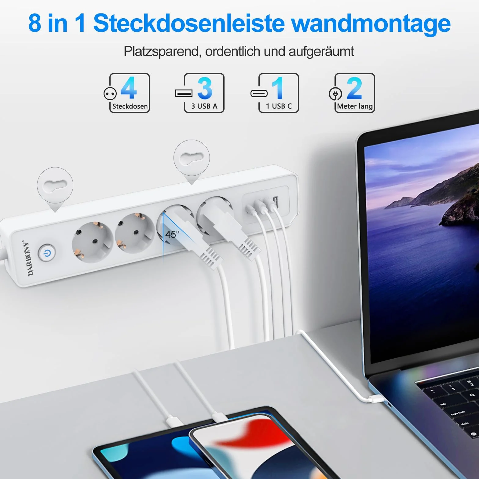 Darbony Listwa zasilająca z 4 gniazdami USB, z przełącznikiem, 4-krotna, ochrona przed przepięciem, 3680 W, 16 A, z gniazdem rozdzielającym USB C, do biura, odtwarzacz CD, kabel 1,8 m, biała