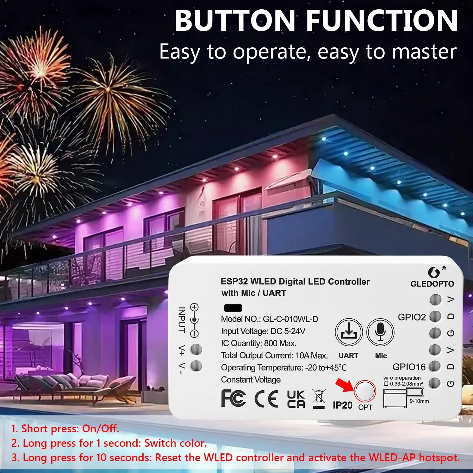 Kontroler Wled ESP32, GL-C-010WL-D WLED, cyfrowy kontroler światła z funkcją MIC, Esp32 Addressable Strip z mikrofonem WS2811 2812B 2813 2815 GS8208 SM16703PSK6812 TM1814 ,5-24 V